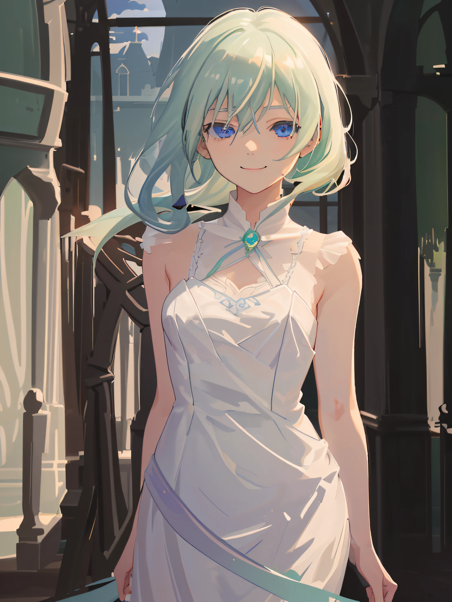 Pastel green hair、Formal Dresses、Light blue eyes、swordsmen、Straight long hairstyle、animesque、ssmile