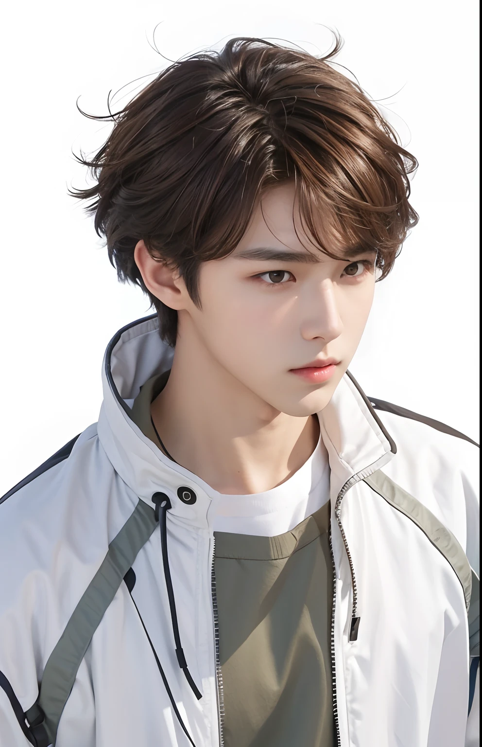 A teenage boy with realistic brown hair, exactly the same hairstyle, realistic brown eyes, realistic Korean handsome face, realistic cool expression,Adapt exact clothing, realistic light, realistic shadows, realistic background
