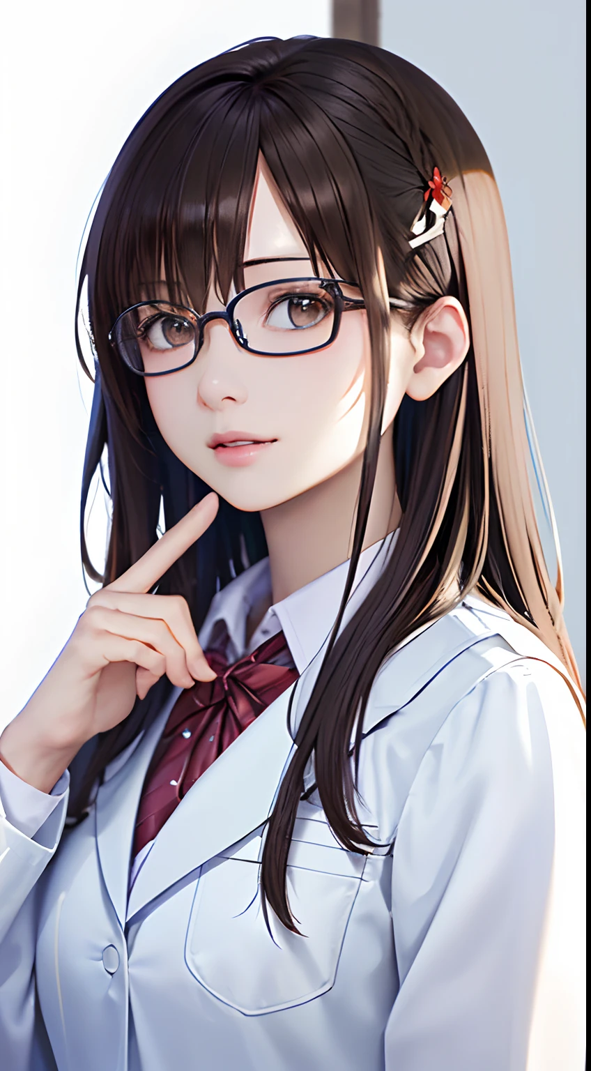 (top-quality、8K、32K、​masterpiece、nffsw:1.2)、(Raw photography)、(realisitic)、(Photorealsitic:1.2)、(hight resolution)、ultra-detailliert、extremely beautiful face and eyes、1girl in、round small face、big breasts thin waist、Delicate body、(a closeup、top-quality、high detailing、rich skin detail、nffsw)、(Best Quality、8K、Oil Painting、masutepiece:1.2)、Ultra-detailed、(Realistic、Photorealistic:1.37)、Vibrant colors、(((I'm wearing a lab coat)))、(((Wearing a white coat like a doctor)))、(((I'm wearing a light blue inner garment)))、(((cleavage of the breast)))、(((Crying)))、(((light brown hair)))、(((Very long hair)))、(((Wearing red-rimmed glasses)))、(((bustshot)))、(((White wall background)))、(((Bangs are fastened with hairpins)))、(((wearing lab coat)))、(((I'm touching my lips with my hand)))、(((Light Blue Inner)))、(((Tears are flowing down my cheeks)))
