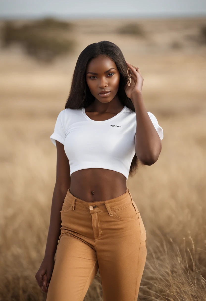 vogue photography,A -yeld Afan dark-skinned female model:1.3,((Extremely clear face:1.5),White T-shirt,D-cups,(((No cleavage:1.3))),Smooth and delicate skin,Sony SLR lens,Master masterpieces,Ultra HD quality,电影灯光。