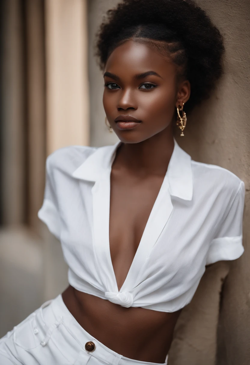 vogue photography，A 17-year-old African dark-skinned female model：1.3,((Extremely clear face：1.5)，White T-shirt，D-cups，(((No cleavage：1.3)))，Smooth and delicate skin，Sony SLR lens，Master masterpieces，Ultra HD quality，电影灯光。