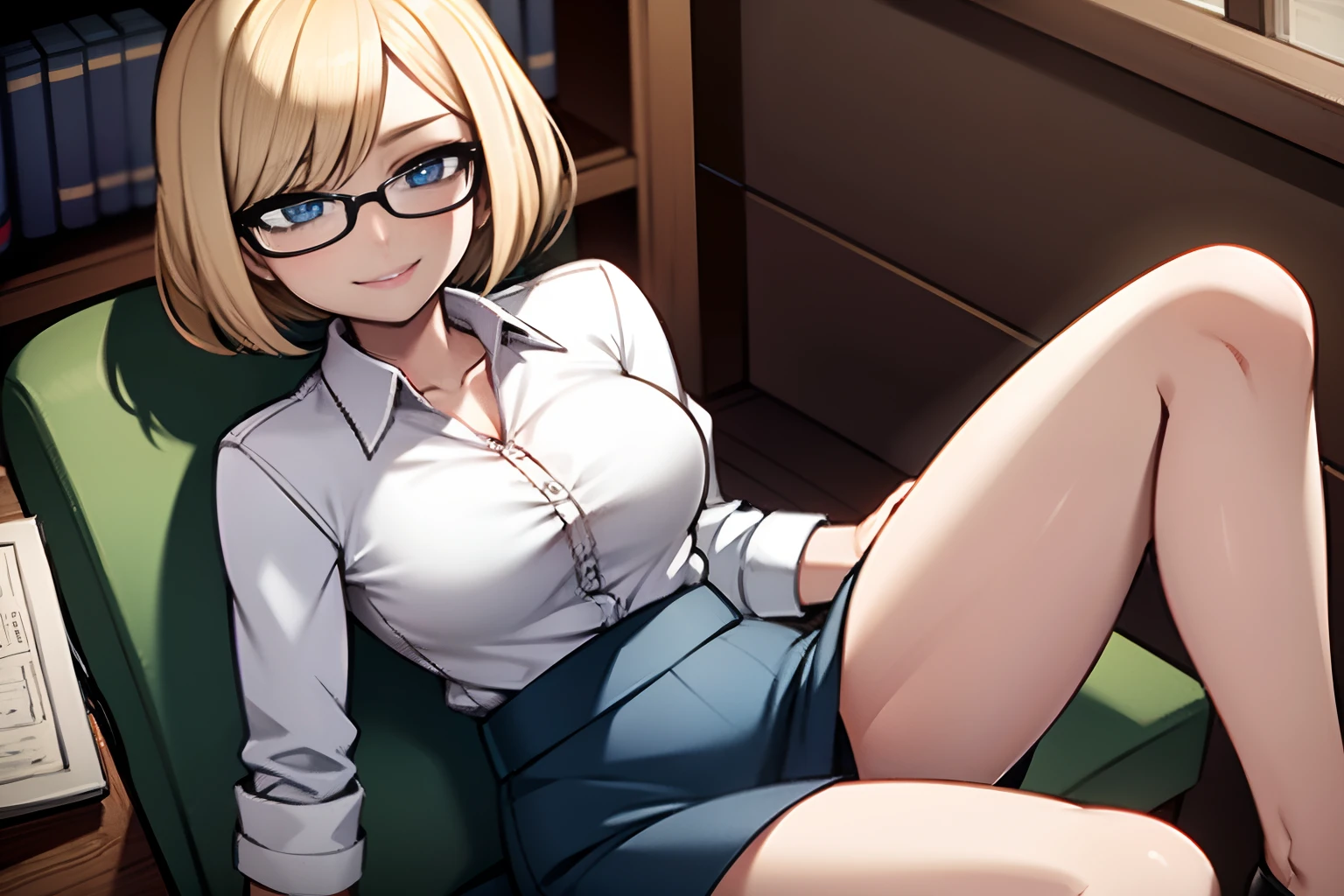 One Young girl, bob haircut, blond hair, blue eyes, with glasses, in a library, librarian outfits, white button-down shirt, sensual smile, ahegao, looking at viewer, sensual face, sitting on a chair, 4k