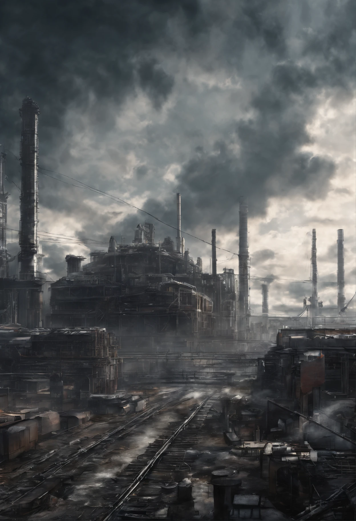Hyper-industrialization with cloudy sky, after rain, gloomy