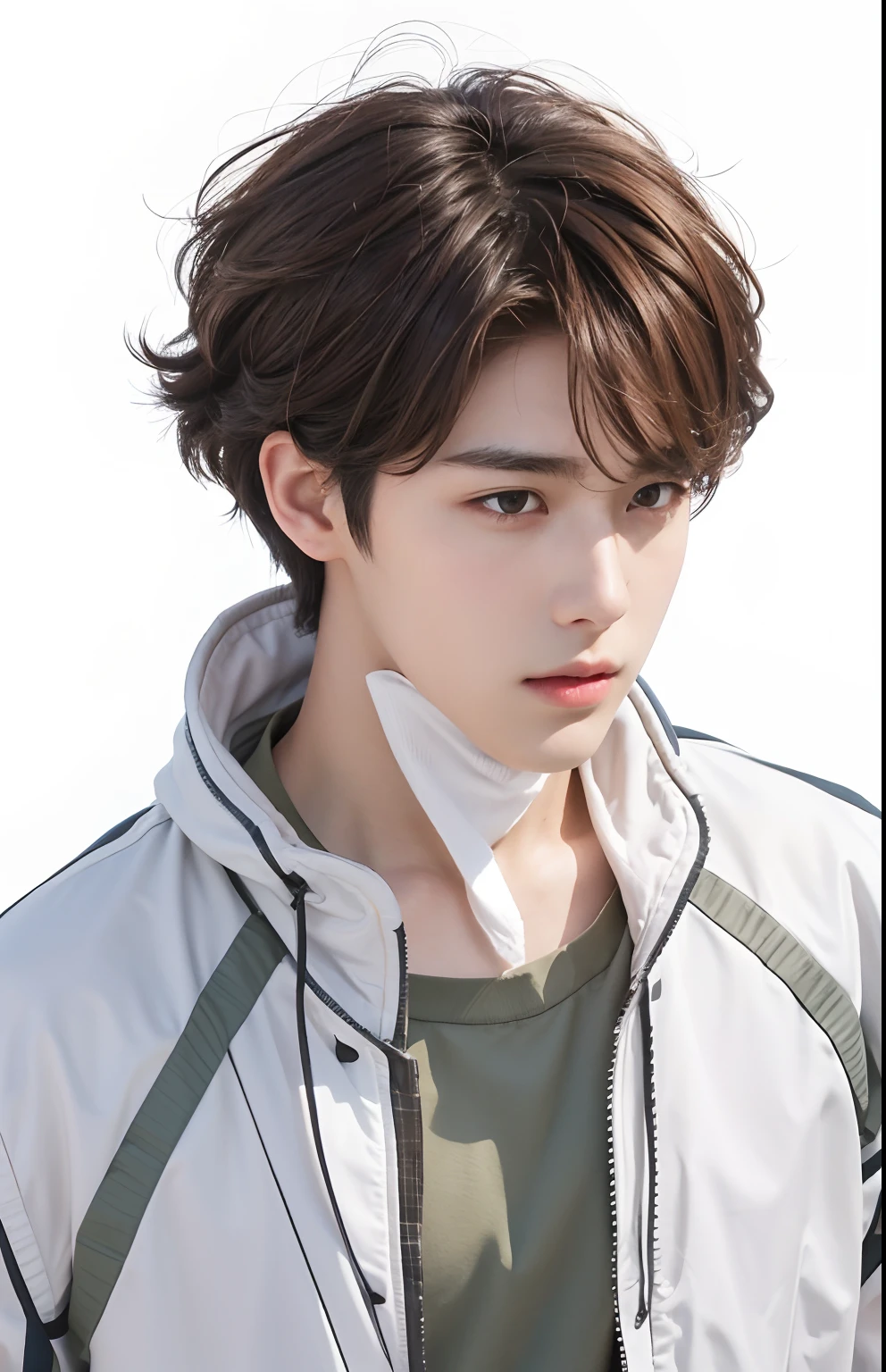 A  boy with realistic brown hair, exactly the same hairstyle, realistic brown eyes, realistic Korean handsome face, realistic cool expression,Adapt exact clothing, realistic light, realistic shadows, realistic background