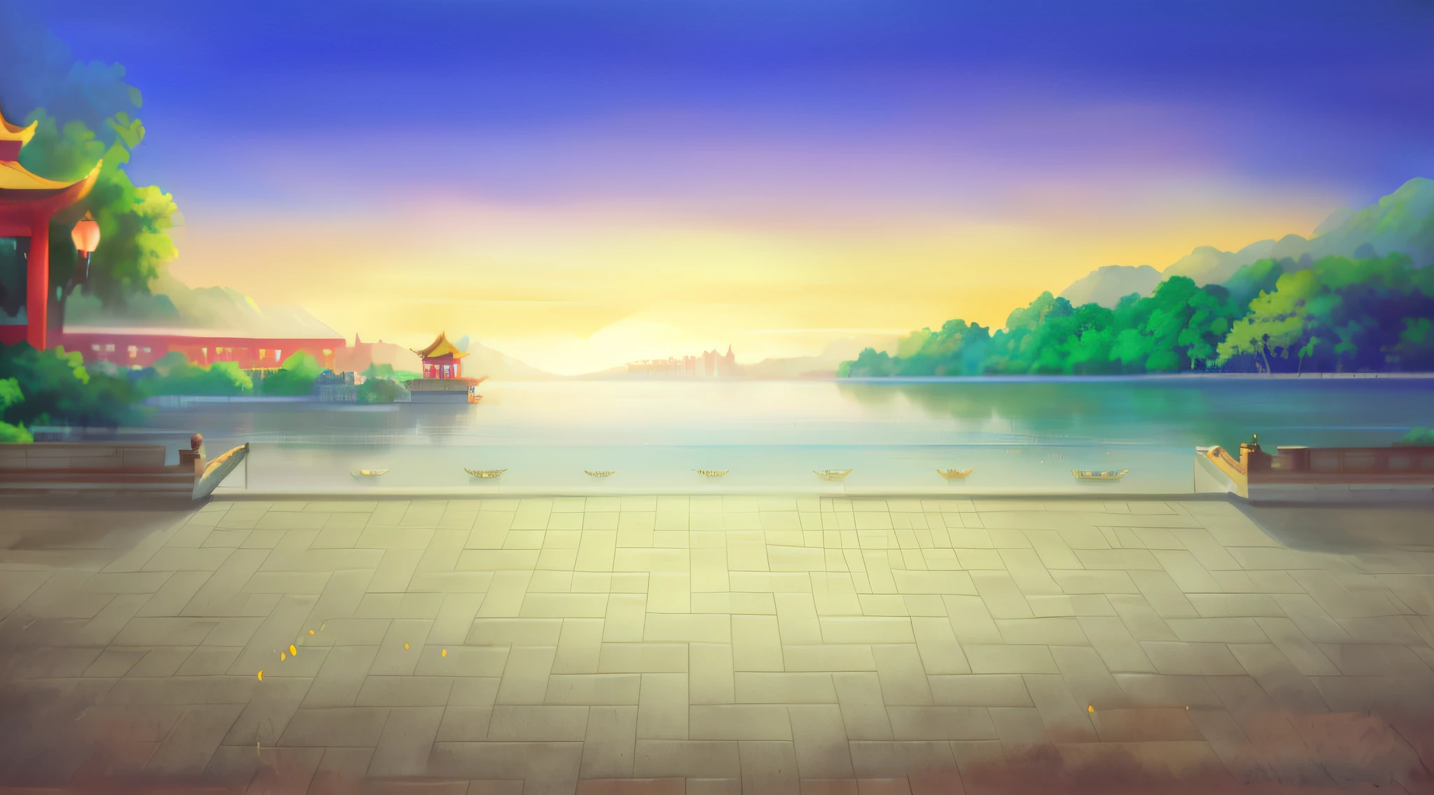 painting of a beautiful landscape with a lake and a pagoda, palace background, Lake background, Anime background art, beautiful lake background, background artwork, a temple background, port scene background, royal garden background, arte de fundo, light kingdom backdrop, anime backgrounds, Dawn background, golden hour background, Detailed scenery —width 672, renaissance port city background, ballroom background