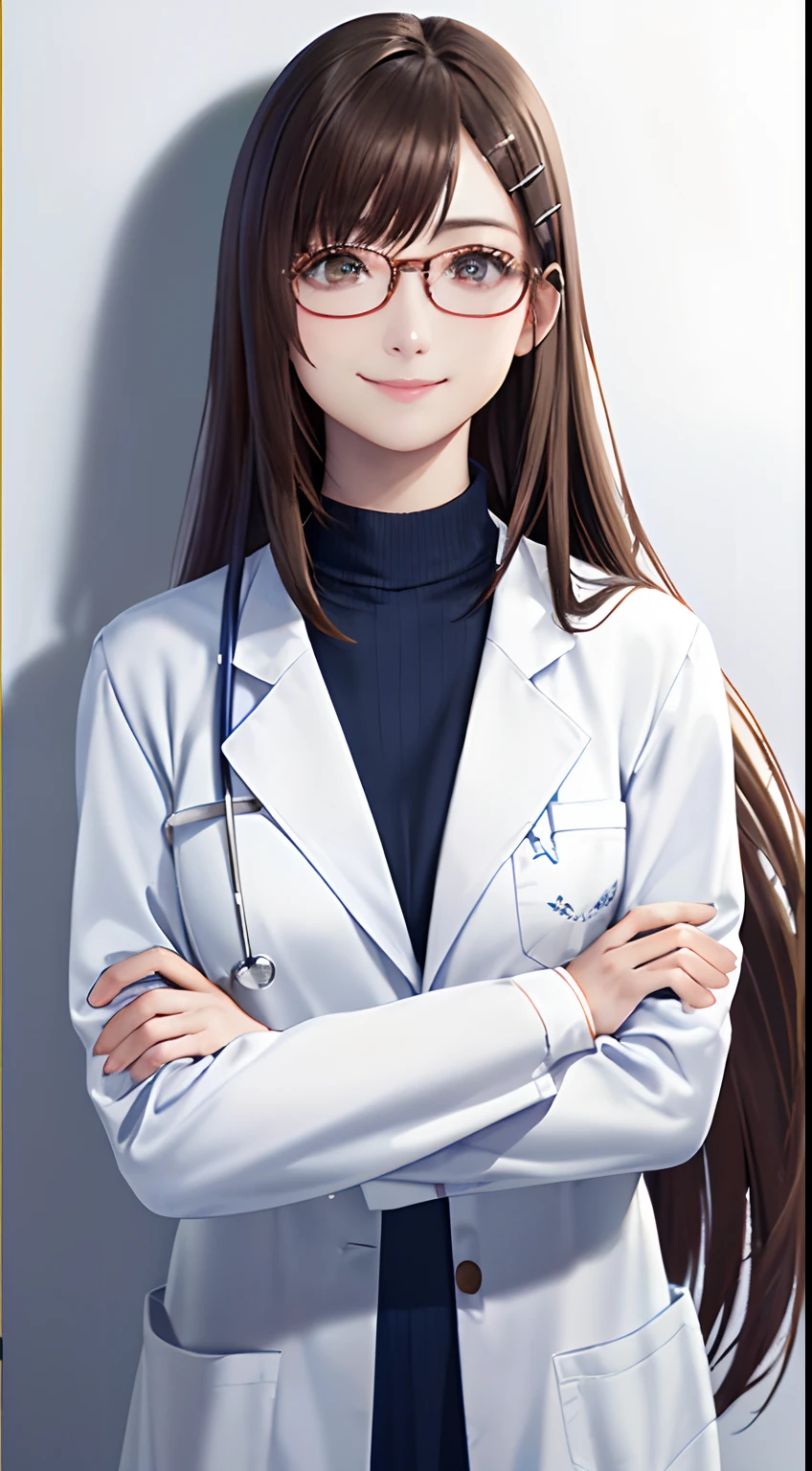 (top-quality、8K、32K、​masterpiece、nffsw:1.2)、(Raw photography)、(realisitic)、(Photorealsitic:1.2)、(hight resolution)、ultra-detailliert、extremely beautiful face and eyes、1girl in、round small face、big breasts thin waist、Delicate body、(a closeup、top-quality、high detailing、rich skin detail、nffsw)、(Best Quality、8K、Oil Painting、masutepiece:1.2)、Ultra-detailed、(Realistic、Photorealistic:1.37)、Vibrant colors、(((I'm wearing a lab coat)))、(((Wearing a white coat like a doctor)))、(((Navy blue inner)))、(((A smile)))、(((light brown hair)))、(((Very long hair)))、(((Wearing red-rimmed glasses)))、(((bustshot)))、(((White wall background)))、(((Bangs are fastened with hairpins)))、(((wearing lab coat)))、(((Arms crossed in front of the chest)))