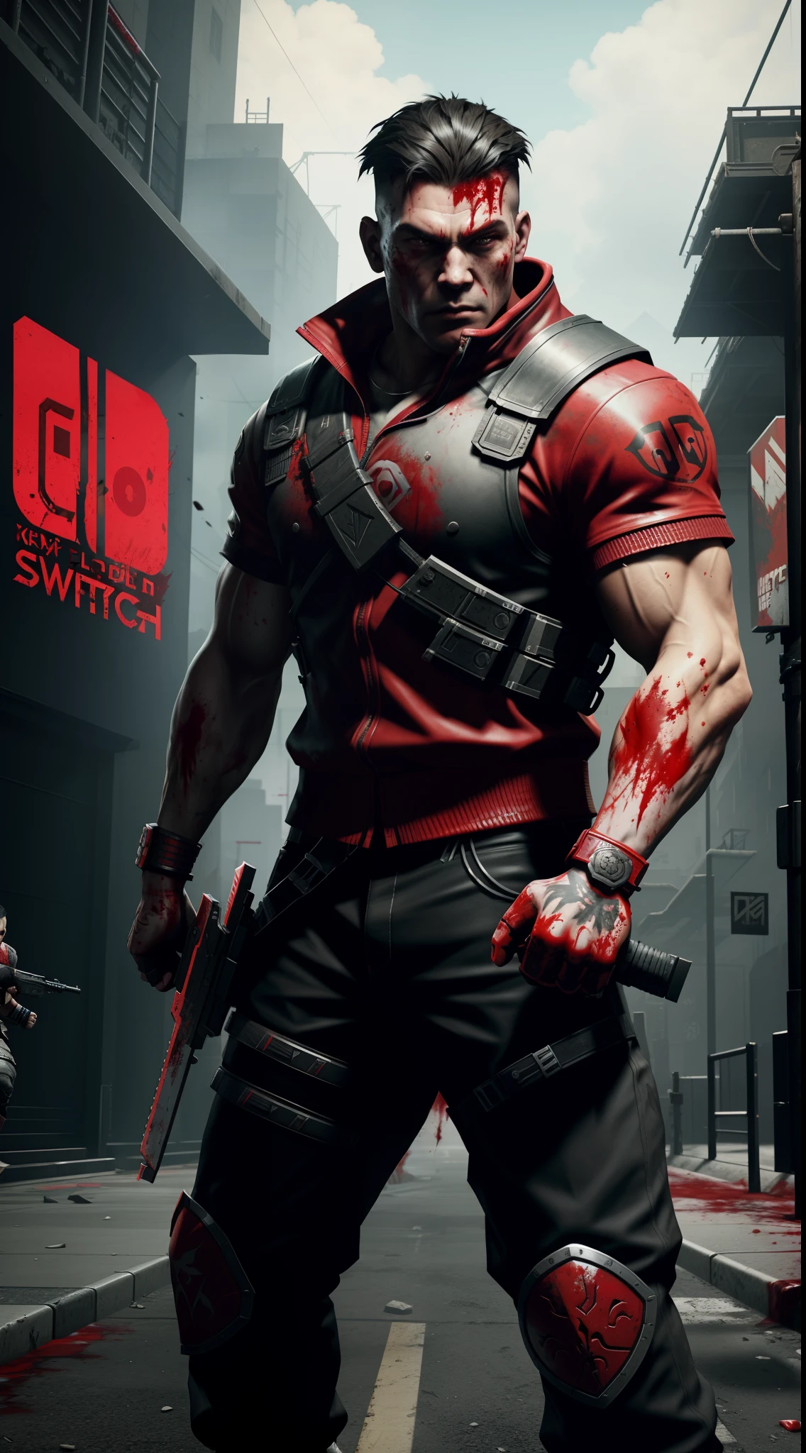 blood sport is coming to the nintendo switch, blood on the streets, fps game concept art, fps game, fps game concept, bloody + concept art, key art, mobile game style, valorant game style, promo art, fps shooter game, concept artstyle, in game style 8k, bloodbath battlefield background, ready to strike, bloodwave