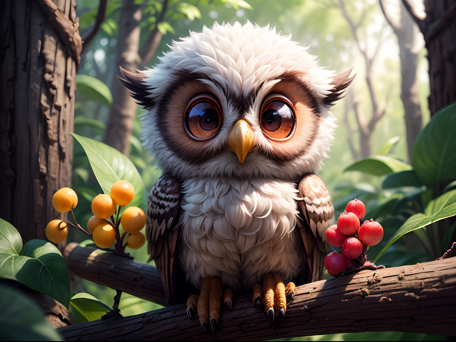 1 baby owl standing on a branch，inquisitive eyes，Dull expression，(The trees are covered with small red wild fruits)，Morning sun，Realistic details，Quiet，Warmth，Best quality,Ultra-detailed，extreme hight detail,highest details,Maximum clarity and sharpness， Many-Layer Textures， Albedo e mapas Speculares，Surface coloring，Accurately simulate photo-material interactions，perfectly proportions，rendering by octane，twotonelighting，largeaperture，Low ISO，White balance，trichotomy，8K raw data，High-Efficiency Sub-Pixel，