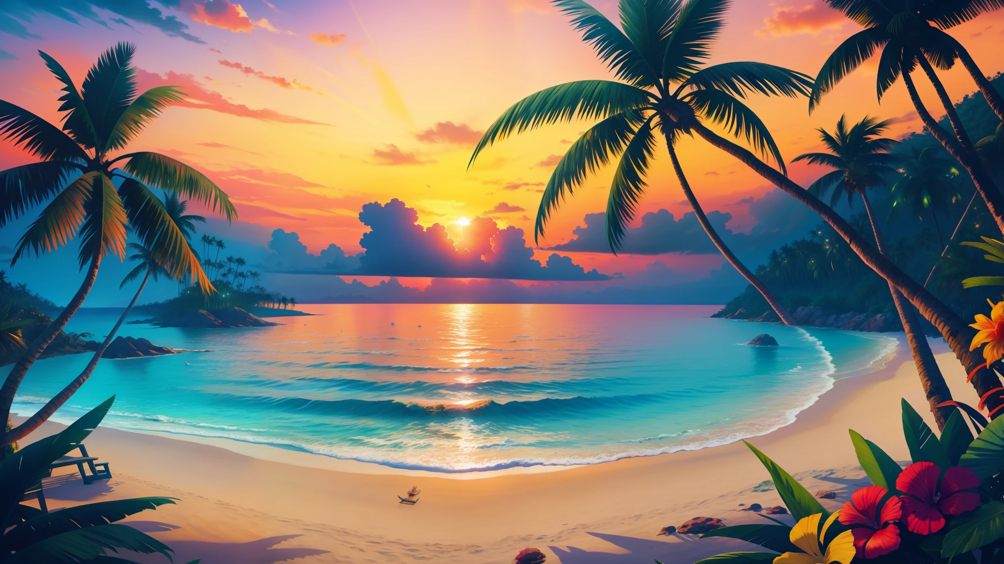 Masterpiece, best quality, sunny beach, undulating palm trees and vibrant tropical landscapes, photorealistic, photography, sunny, twilight, tropical jungle, highres, flower, cinematic lighting
