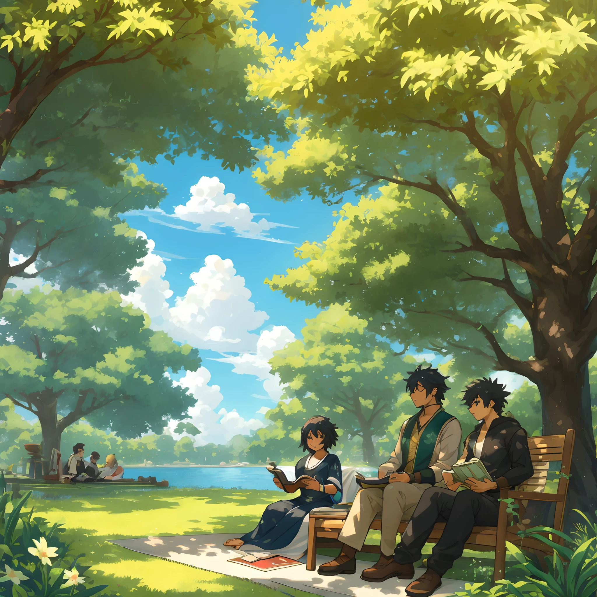 A fan-created illustration capturing a casual day in the life of a Black female protagonist with the power to control plants, and a South Asian male protagonist with the power of flight from a famous fantasy battle manga, They are relaxing in a sunlit park, reading books and enjoying a peaceful afternoon tea, surrounded by lush greenery and floating gently above them are small islands, suitable for a fan-created work that could be shared on platforms like Pixiv or Twitter,