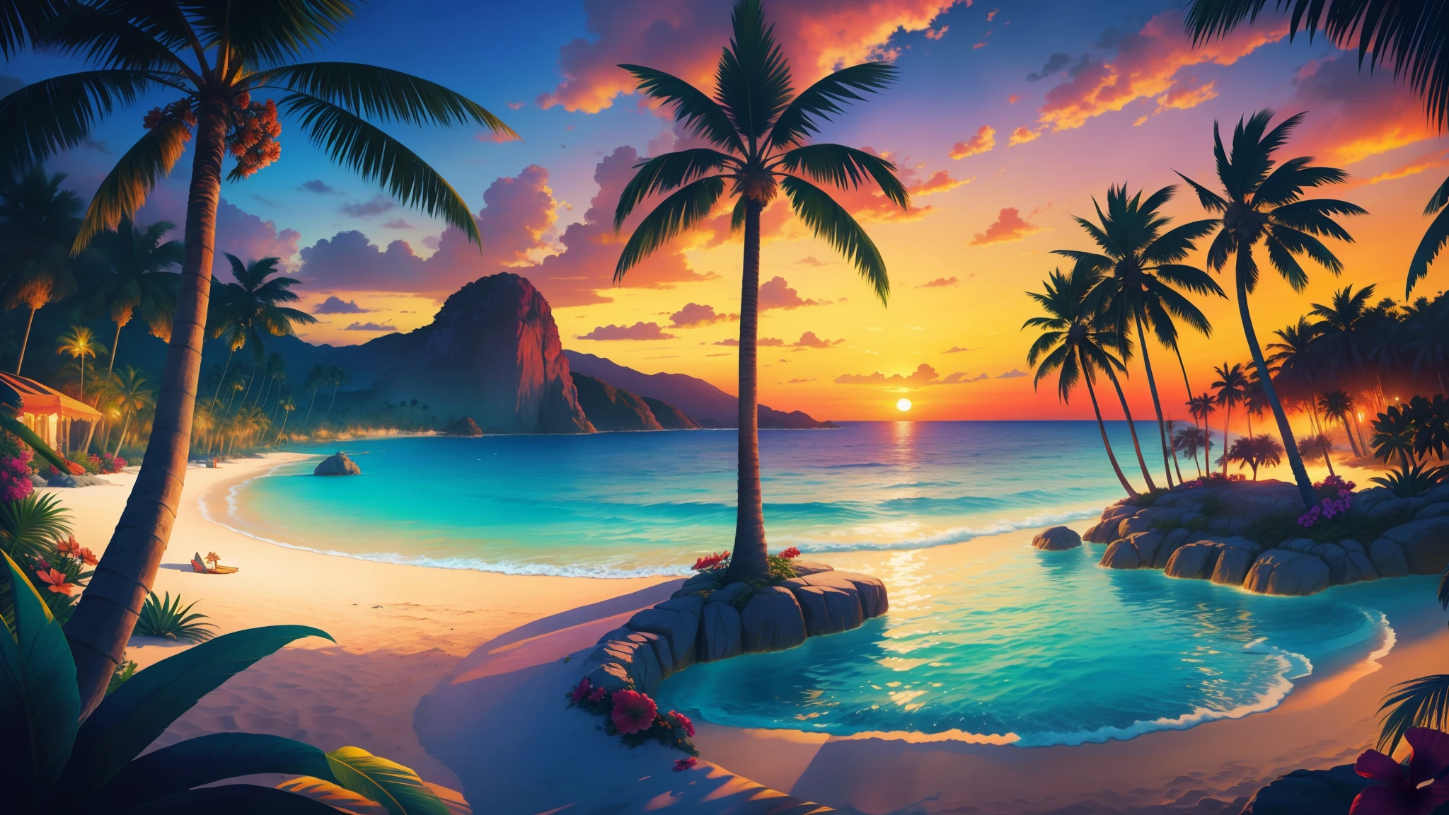 Masterpiece, best quality, sunny beach, undulating palm trees and vibrant tropical landscapes, photorealistic, photography, sunny, twilight, tropical jungle, highres, flower, cinematic lighting