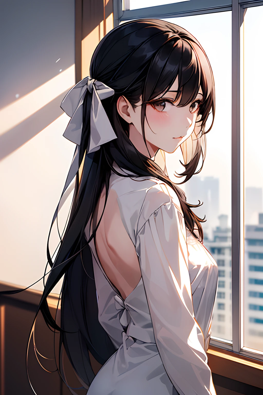 1girll, a mature female, White color blouse,black long straight hair, Bow knot,The upper part of the body, Best quality at best, employment, 详细的脸, office room, buildings from window, detailed back ground, Diffused sunlight, depth of fields, bokeh