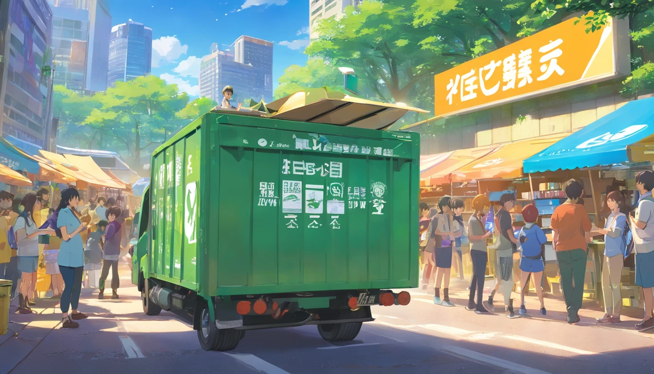 The park is bustling with activity, as the recycling promotion creates a lively atmosphere. People of all ages and backgrounds are gathered, wearing colorful t-shirts with recycling messages. The sun is shining brightly, casting a warm glow on the scene. The park is filled with various recycling stations and bins, showcasing the different types of materials being recycled. A large recycling car covered in eye-catching decals and logos is parked in the center, serving as a focal point. The compositions vary, with some shots capturing close-ups of the recycling car and the recycling stations, highlighting the details and textures. Other shots show the crowds of people interacting and learning about recycling. The mood is educational and energetic, as the scene promotes awareness and involvement in recycling practices. The style is a realistic photography, captured with a wide-angle lens to capture the expansive scene and the vibrant energy of the event.
