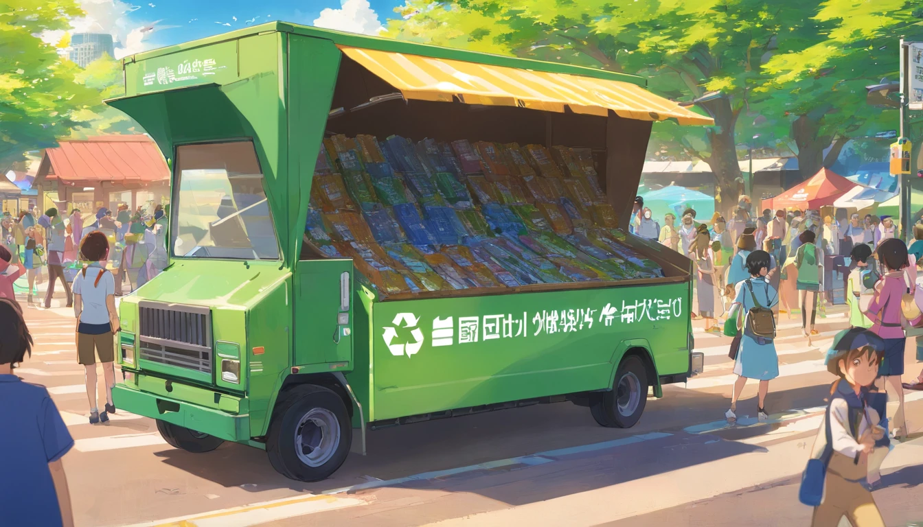 The park is bustling with activity, as the recycling promotion creates a lively atmosphere. People of all ages and backgrounds are gathered, wearing colorful t-shirts with recycling messages. The sun is shining brightly, casting a warm glow on the scene. The park is filled with various recycling stations and bins, showcasing the different types of materials being recycled. A large recycling car covered in eye-catching decals and logos is parked in the center, serving as a focal point. The compositions vary, with some shots capturing close-ups of the recycling car and the recycling stations, highlighting the details and textures. Other shots show the crowds of people interacting and learning about recycling. The mood is educational and energetic, as the scene promotes awareness and involvement in recycling practices. The style is a realistic photography, captured with a wide-angle lens to capture the expansive scene and the vibrant energy of the event.