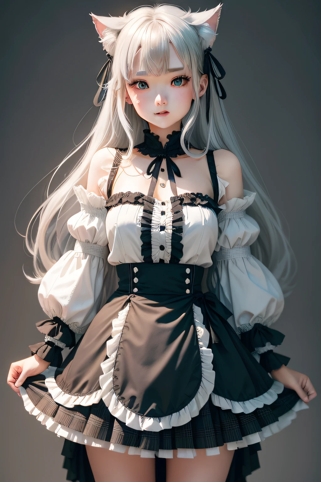 She has long silky silver-gray hair,Bright, Emerald eyes,It exudes an incredible temperament。
Black and white,A short plaid gothic skirt was draped over her body,A fluffy ruffled skirt and a tight tunic create a silhouette reminiscent of ginkgo leaves。And she tied it behind her waist,It's not like an ordinary ribbon。cat ear、great laughter、