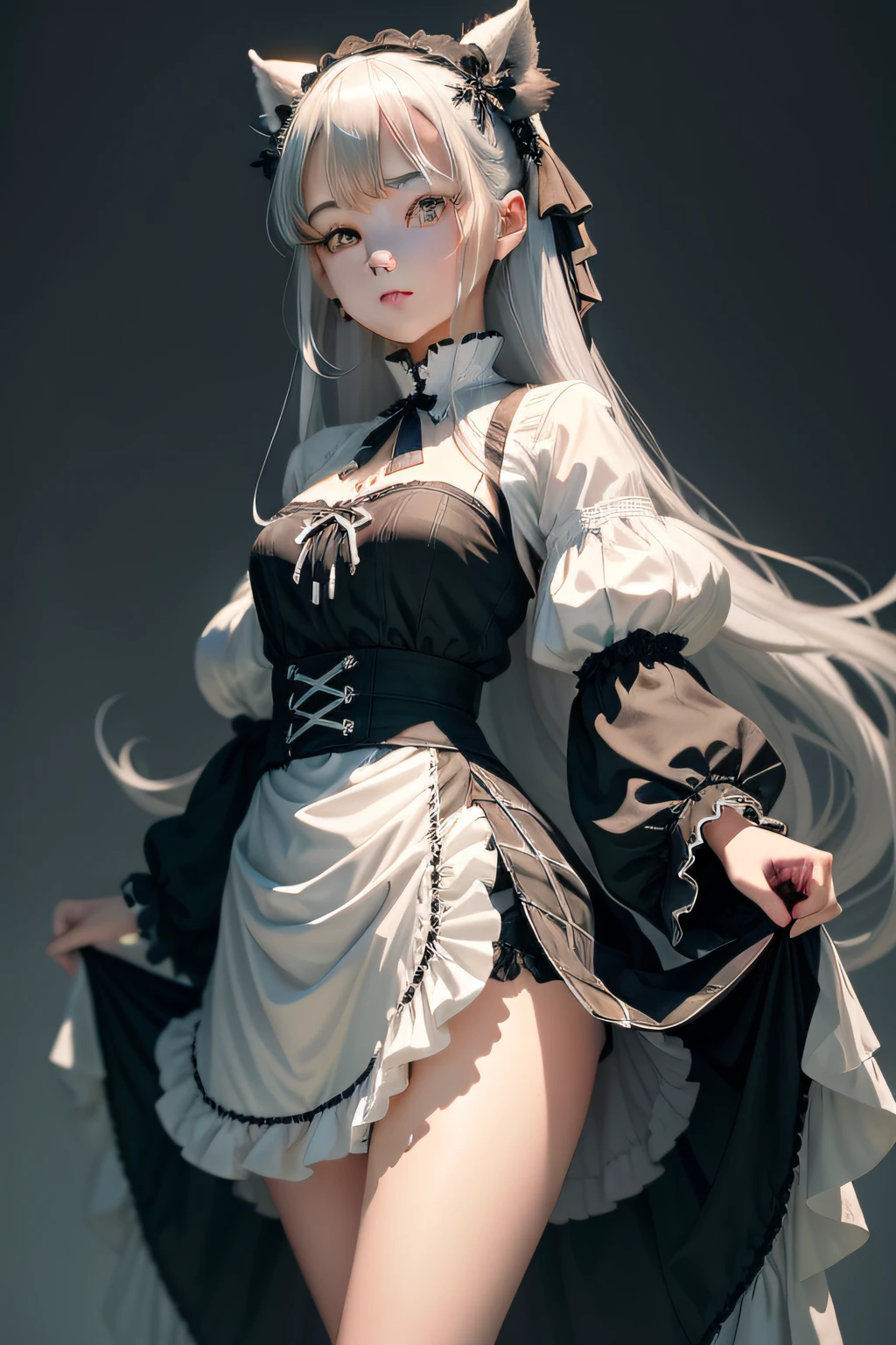 She has long silky silver-gray hair,Bright, Emerald eyes,It exudes an incredible temperament。
Black and white,A short plaid gothic skirt was draped over her body,A fluffy ruffled skirt and a tight tunic create a silhouette reminiscent of ginkgo leaves。And she tied it behind her waist,It's not like an ordinary ribbon。great laughter、White panties、