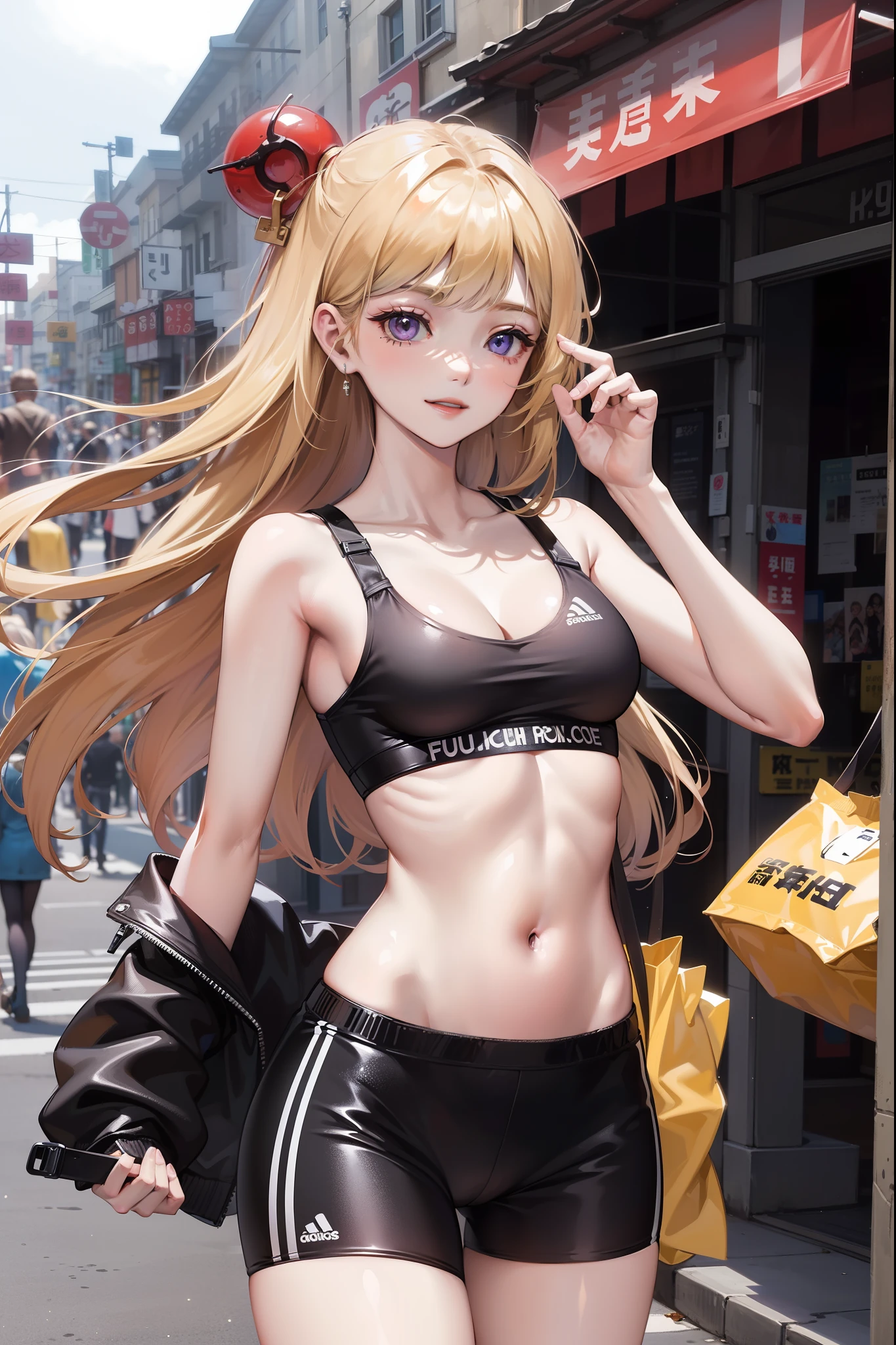巨作, Best Quality, 1girl, 独奏, teen, Chinatown, blonde hair, long  hair, purple eyes, Parted side explosions, Short bangs, smile, medium  breasts, sports bra, buruma, outdoors, track & field, Arrogant..