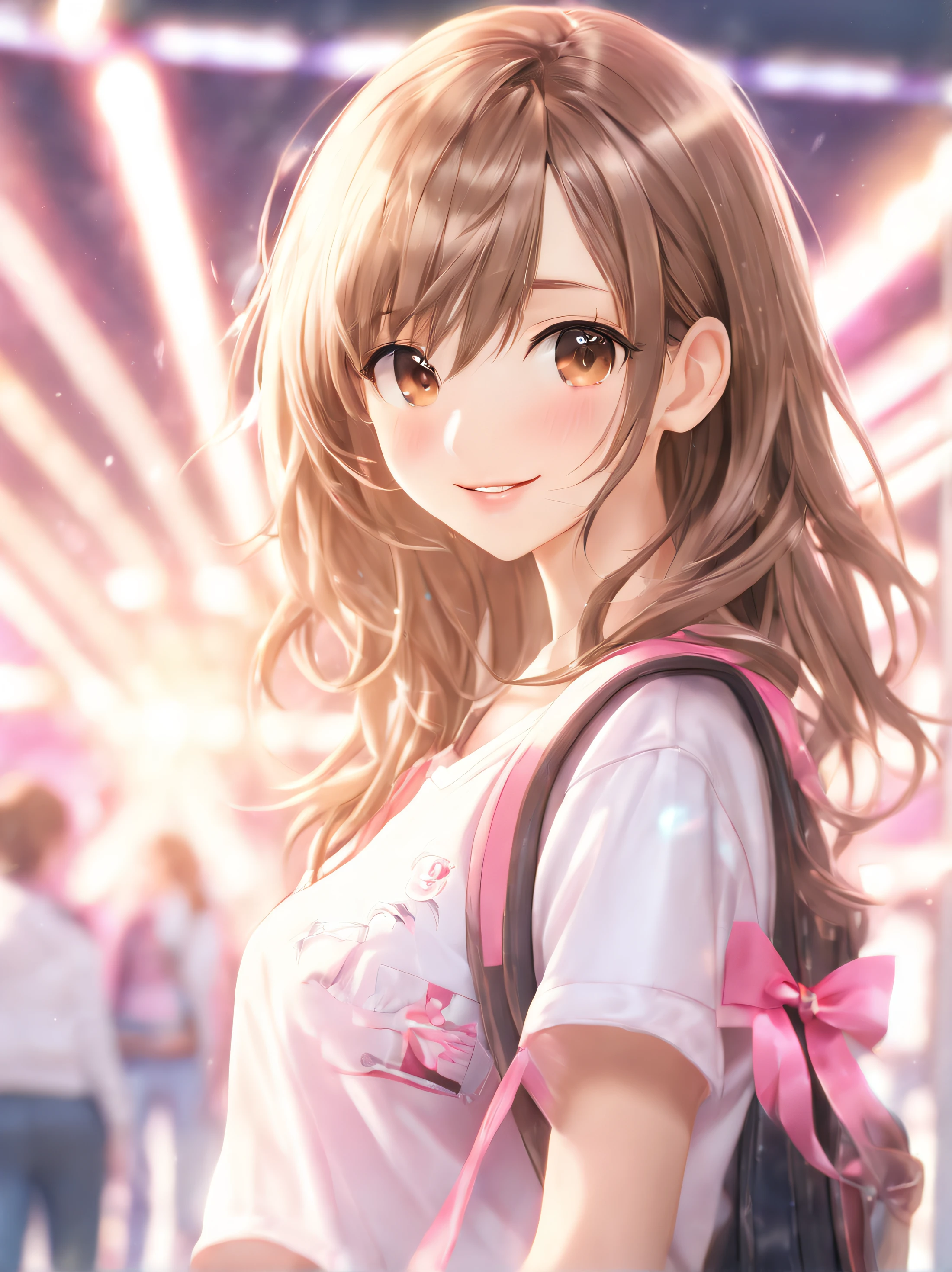 (Best Quality:1.5, Highres, UHD, 8K, Detailed Lighting, Shaders), Brown Hair, Layered hairstyle, Cute Casual wear, Cute Pink Ribbon (POV), School Background, Standing, Colourful Eyeshadow, Dramatic Lighting, Sparkling Brown Eyes, Confident Expression, Layered hairstyle, Delicate Facial Features, Soft Skin, High Cheekbones, Casual Clothing, College Setting, medium body portrait, Looking at viewers, Sharp Focus, Best lighting effects.