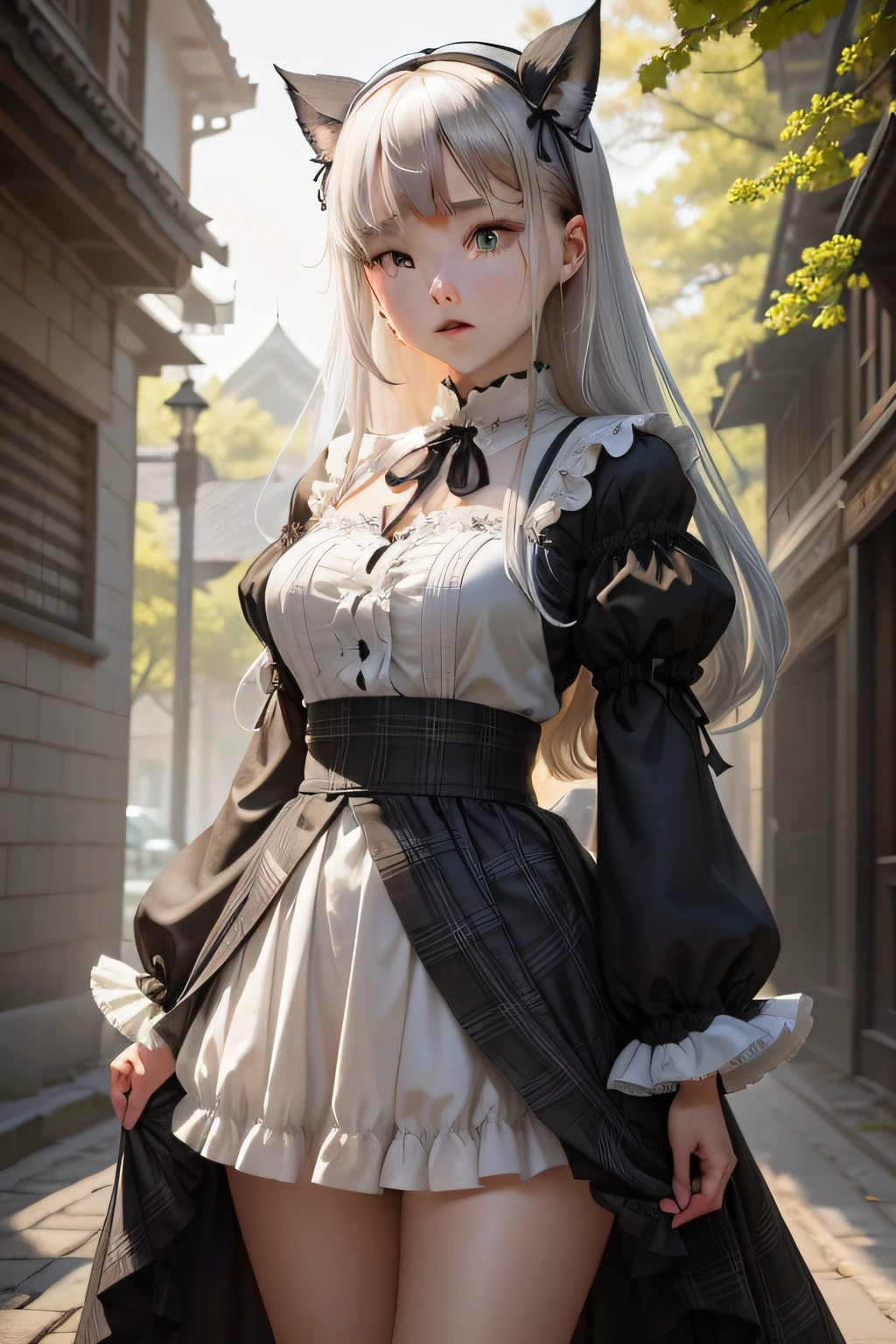 She has long silky silver-gray hair,Bright, Emerald eyes,It exudes an incredible temperament。
Black and white,A short plaid gothic skirt was draped over her body,A fluffy ruffled skirt and a tight tunic create a silhouette reminiscent of ginkgo leaves。And she tied it behind her waist,It's not like an ordinary ribbon。great laughter、White panties、