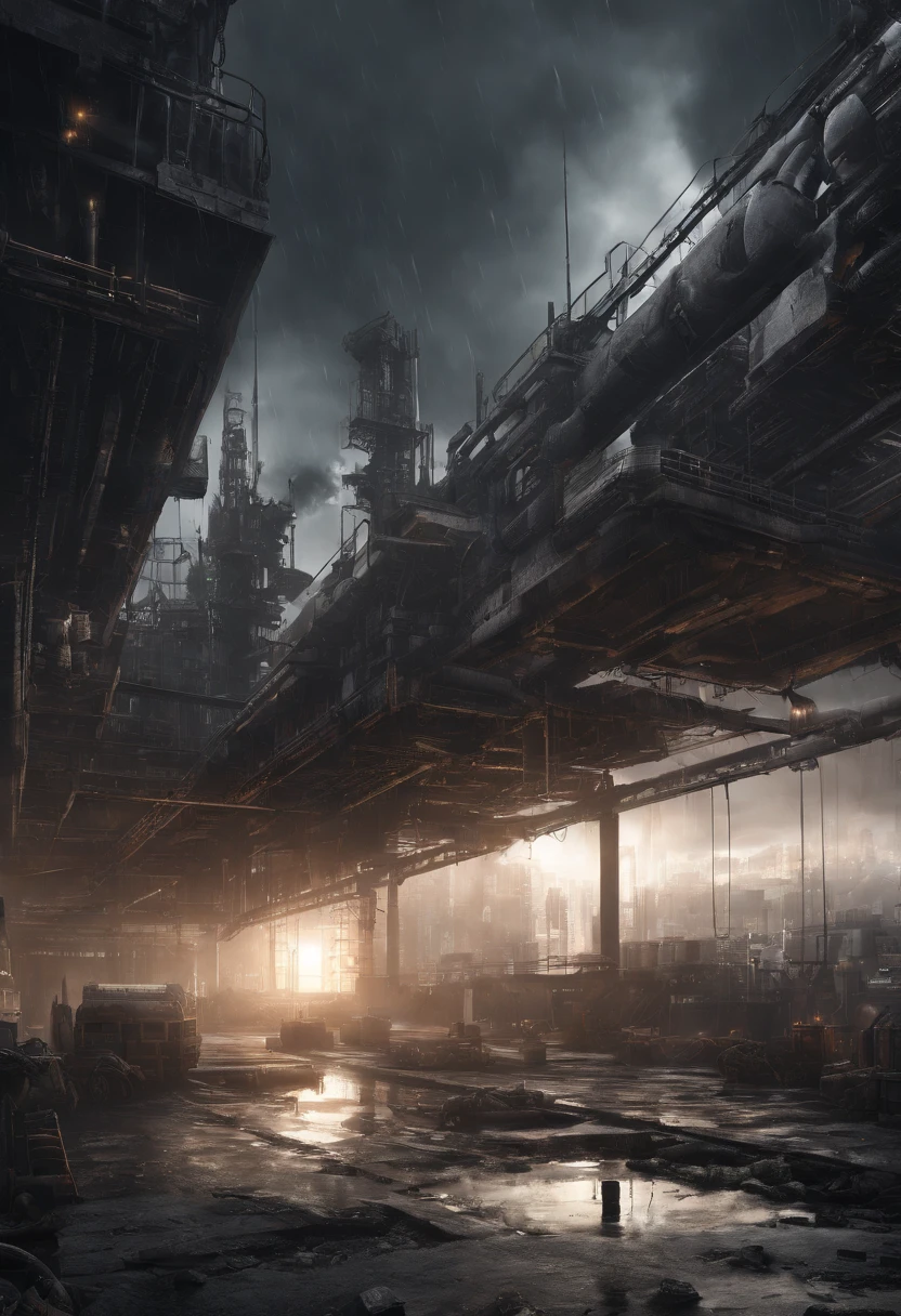 masterpiece, best quality, high quality, extremely detailed CG unity 8k wallpaper, Depth of Field, HDR,,Photorealistic,extremely detailed, Intricate, High Detail, factories, hyper-industrialization, dark sky, after rain, cloudy, gloomy
