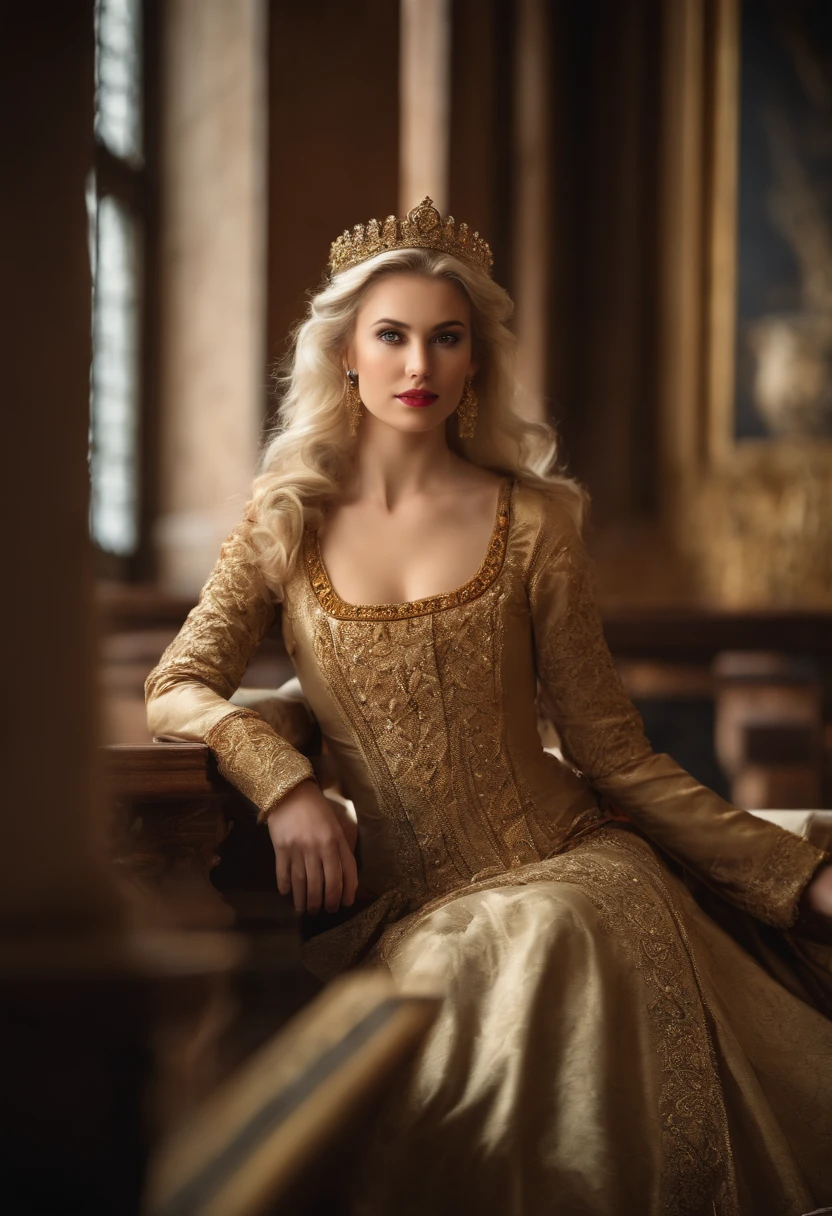 WRC style, Beautiful woman, blond, Sitting, royal attire akira, Royal Conference Hall, medieval environment