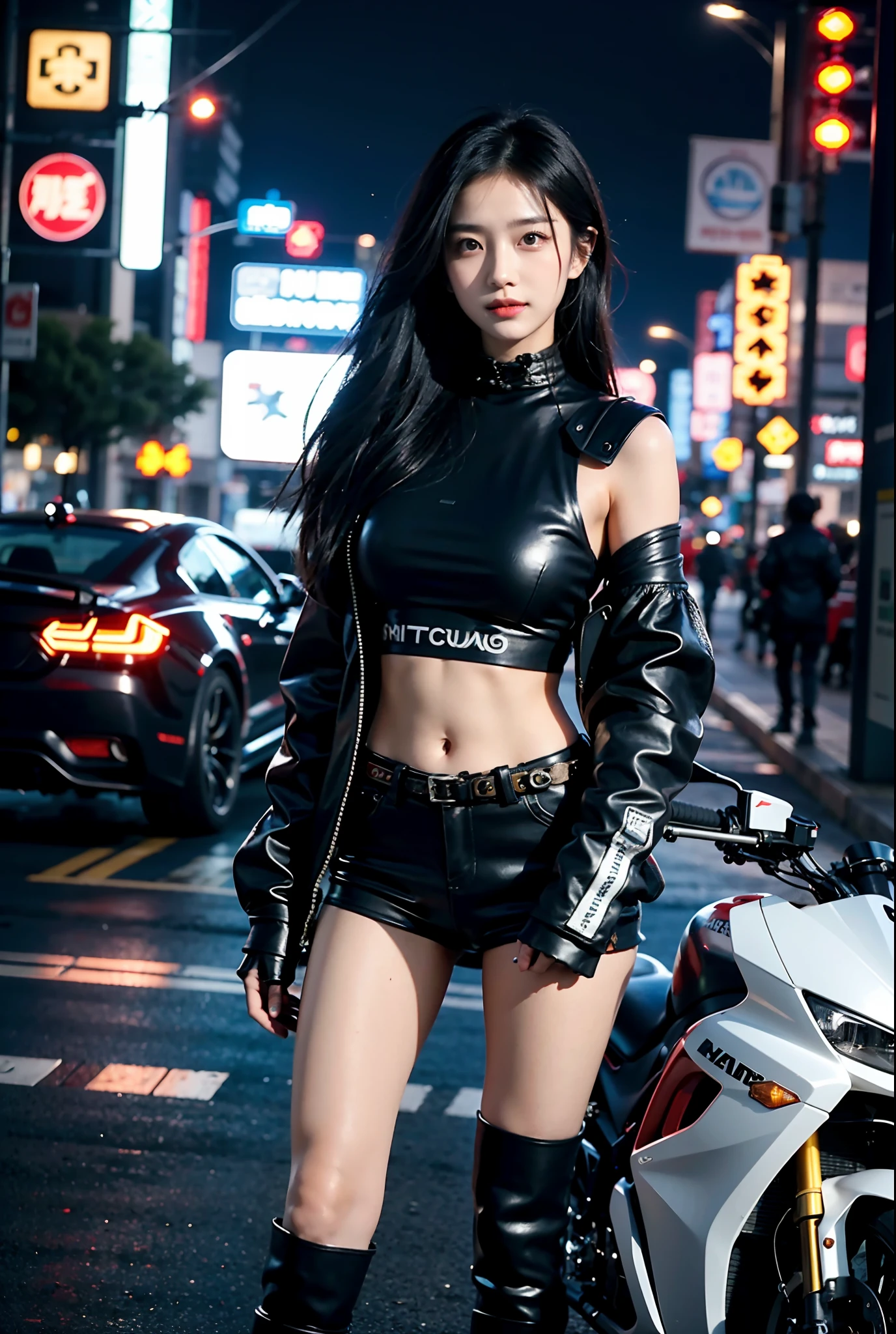 A woman stands next to a motorcycle, Cyberpunk 2 0 y. o model girl, cyberpunk beautiful girl, beautiful cyberpunk woman model, Cyberpunk girl, female cyberpunk anime girl, Korean girl, beautiful Korean women, korean women's fashion model, Sexy girl, Gorgeous young Korean woman, Chinese girl, seductive cyberpunk dark fantasy, trending at cgstation，cruel，Smiles