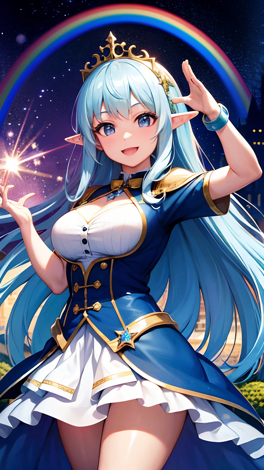 Young woman, magicle world, stars, Rainbow, Long hair, 8K UHD, Ultra detailed, Super high resolution, Flowers, Castle, fantasy, Smile, excited, Wave learning, elf, head gear, Bracelet, Radiance, Particle
