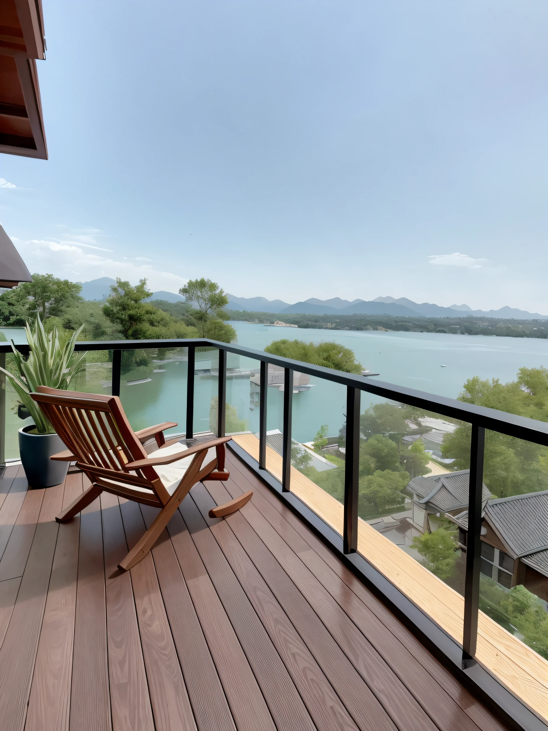 There is a chair on the balcony，Overlooking the water, Balcony, deck, chill time. Good view, high end, high - end, View, Landscape view, lake scene, masterpiece', En plein air, Glass railing, professional unique masterpiece, scenic view, composite, Masterpiece, detailed scenic view, beautful view, majestic masterpiece, Hangzhou, Great view, Lakeside villas