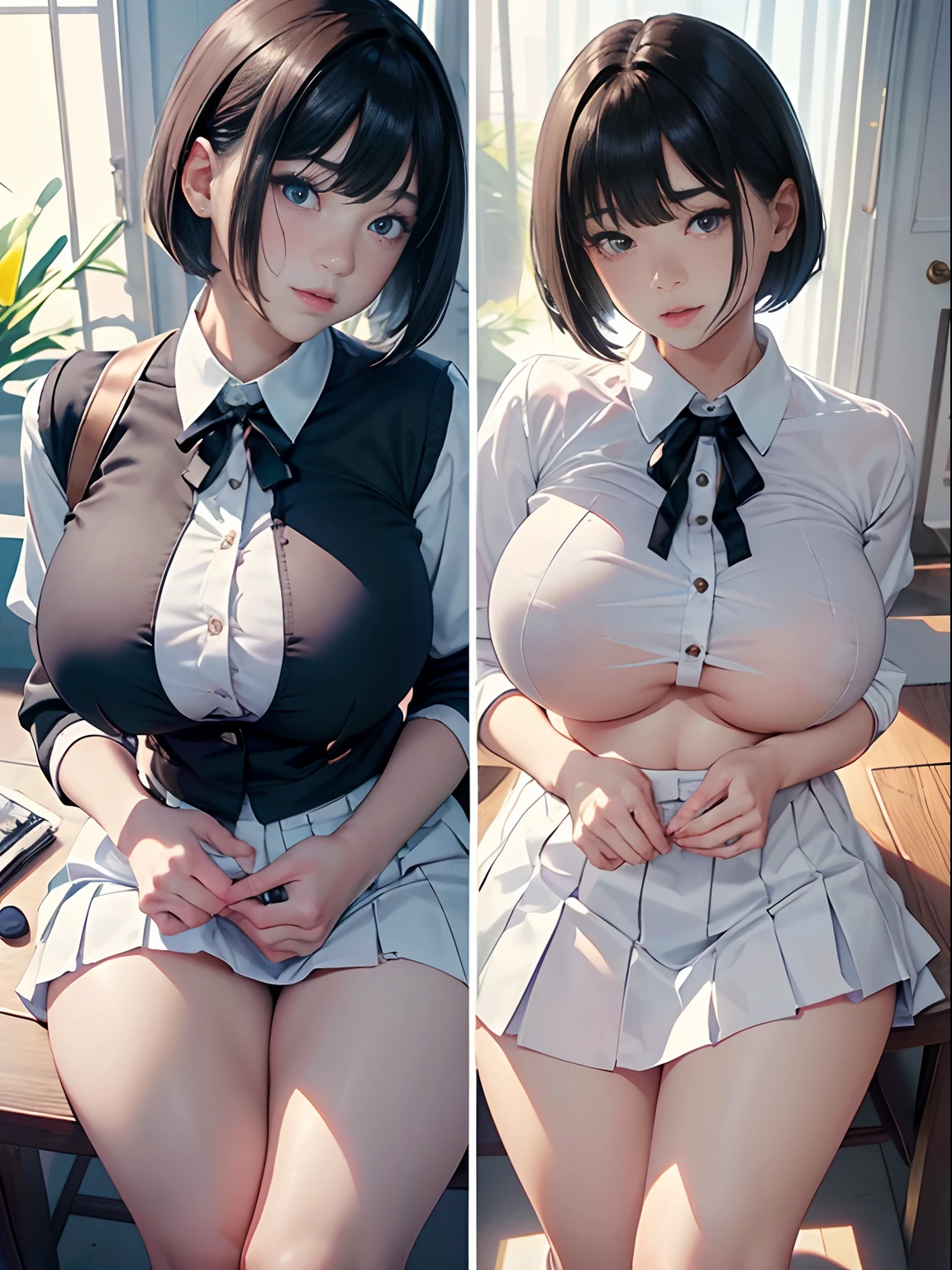 A teenage girl、(​masterpiece:1.4)、(in 8K、realisitic、Raw photo、top-quality:1.4)、(Real Face:1.4)、(real looking skin:1.3)、超A high resolution、A hyper-realistic、Eyes in Beautiful Details、Black Hair Bob Cut、耳环、White collared shirt、Dark blue pleated skirt、Lifting the hem of the skirt、White underwear、(huge-breasted:1.5)、gargantilha、Blushing、alluring face、troubled look、natta、a park