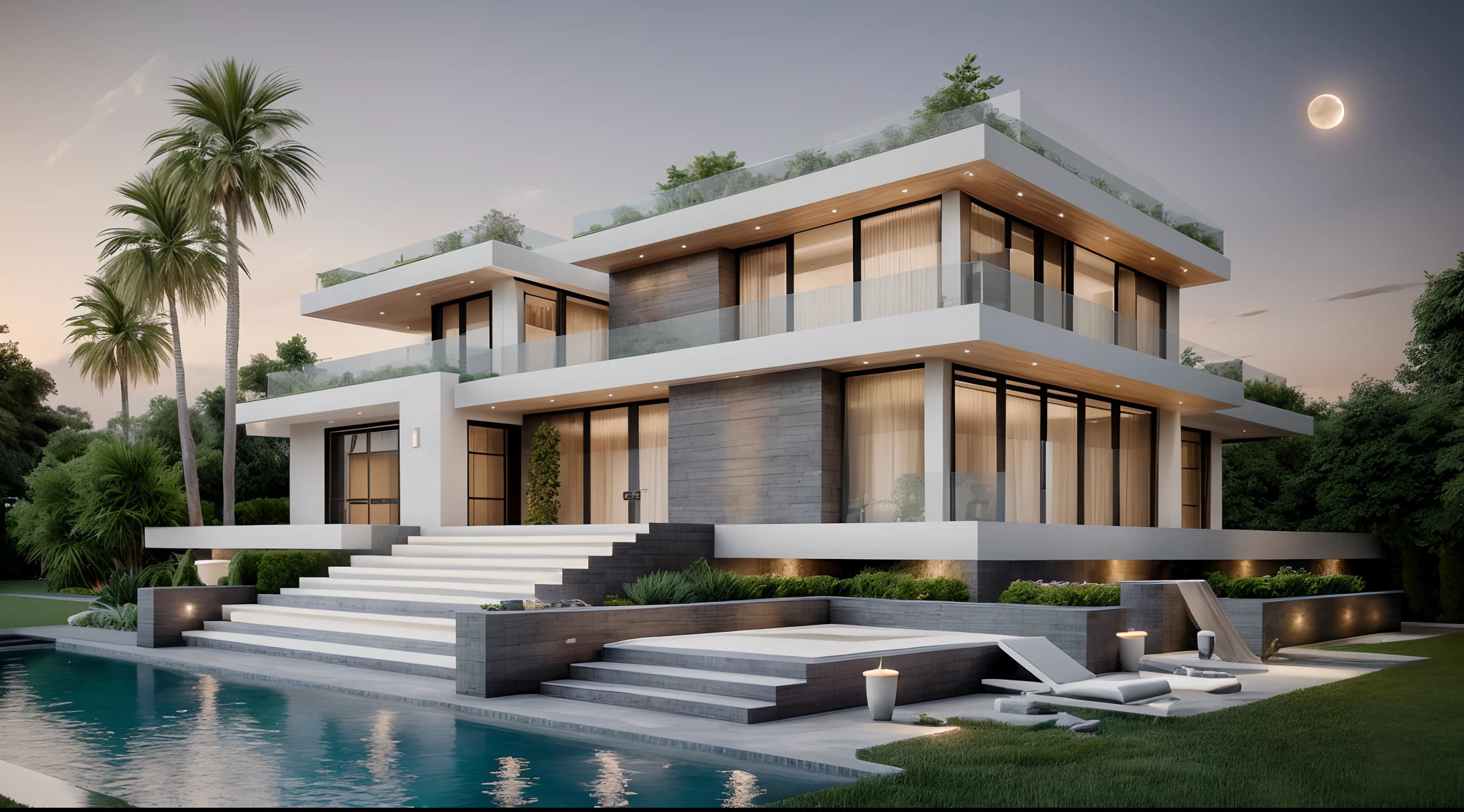 RAW photo,Masterpiece, high quality, best quality, authentic, super detail,
exterior, outdoors, night, light, moon, rock on garden, , glass windown, indoor, sofa, tivi, hyperrealistic, orante, super detailed, intricate, dramatic, sunset lighting, shadows, high dynamic range, lighting.
bieshu,a two story white house with windows and balconies, scenery,trees,garden,black Hip roof,black roof and evaes ,white Villa facade design, unreal engine 5 highly rendered, photorealism, a digital rendering, architecture, building,masterpiece,best quality,super detailed,realistic,photorealistic, 8k, sharp focus,cloud, LAOWANG,