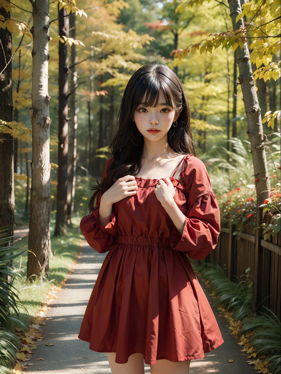 One cute young girl in Forest , wearing red dress , Autumn season