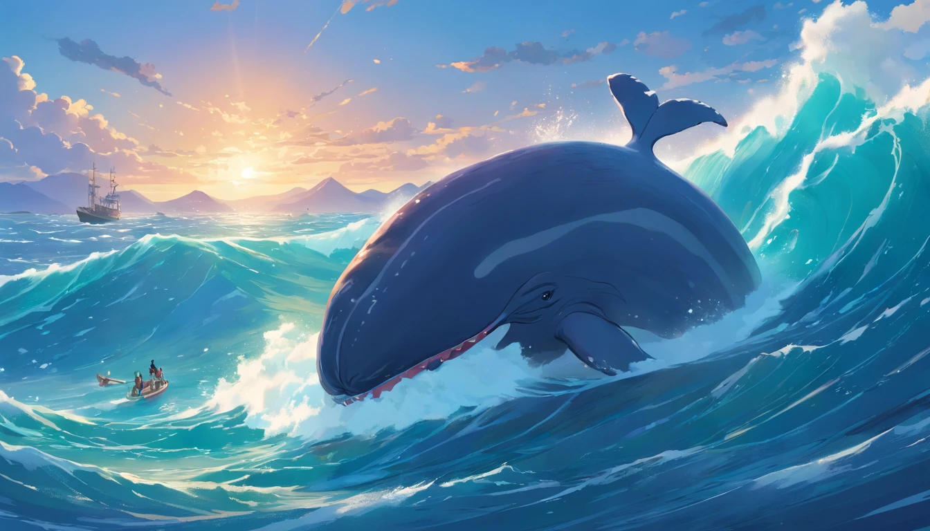 The image of a rough sea, With a huge whale, The whale opened its mouth, Illustrate the scene where a giant whale swallows a fisherman,  Scared, Sad surrealist style, 8K , Ultra HD, by Pixar, Disney style, 4 d cinema