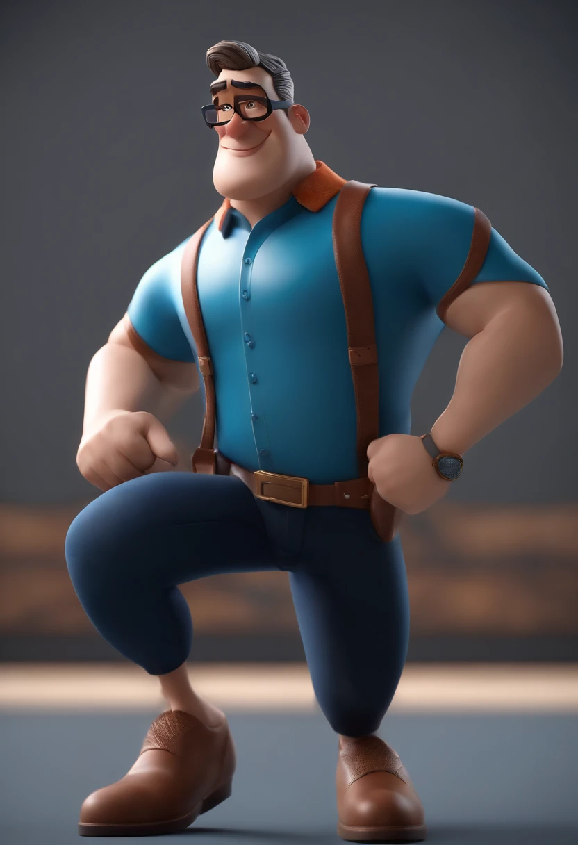 Cartoon character of a man wearing black glasses and a blue shirt, um personagem animado, Caractere estilizado, animation style rendering, 3D estilizado, Arnold Maya render, 3 d render stylized, toon render keyshot, Personagem 3D, Personagem 3D, 3d rendering stylized, 3 d character render, personagem de desenho animado, Personagem de close up, Pose de personagem, (Estilo Pixar) (master part:1.2) (Bokeh) (best quality) (pele detalhada) (textura detalhada) (8k) (argila) (Cinematic lighting) (foco nítido，Senta e vaza a parte superior do corpo