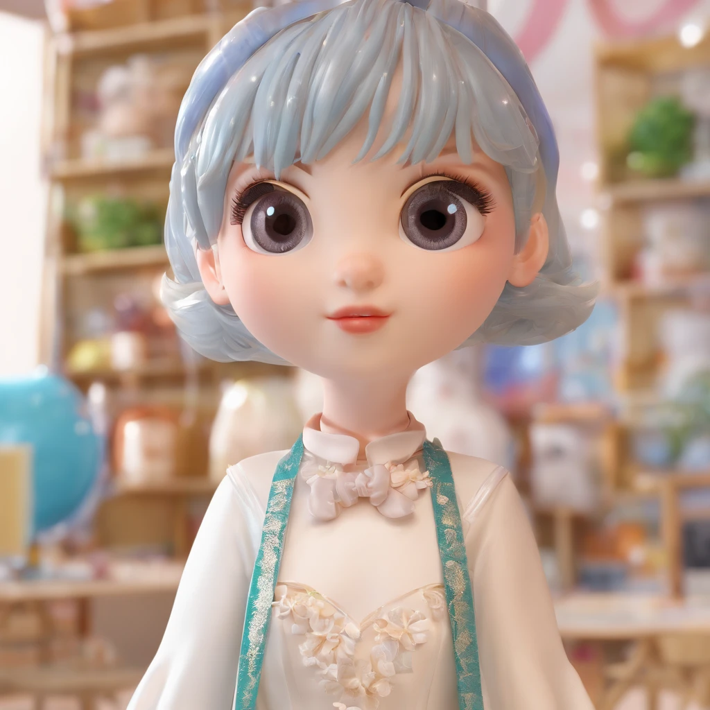 super cute girl IP by pop mart, Bright eyes, cherub,Little white dress, Clay, Models, a blind box toy, Glossy and delicate,Clean background, Good gloss, 3D rendering of,Best quality