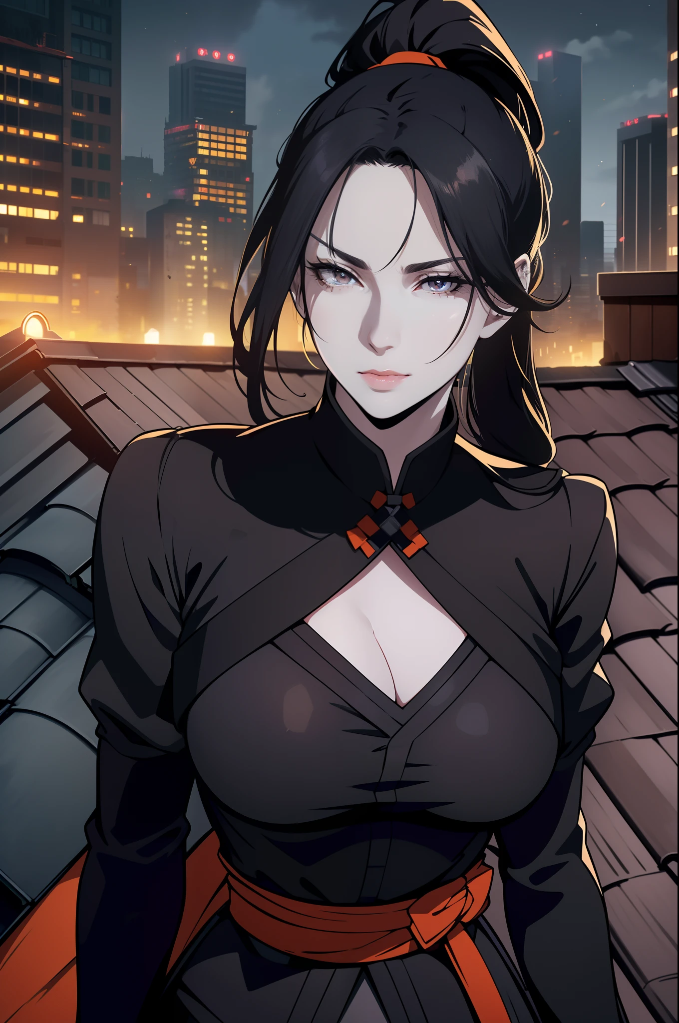 (Masterpiece, Best Quality), (A Gorgeous 25 Years Old Japanese Female Assassin), (Long, High Ponytail Black Hair:1.6), (Pale Skin:1.6), (Detailed Skin:1.2), (Dark Ruby Eyes:1.2), (Serious Looking), (Wearing Dark Colored Assassin Outfit with Orange Lining:1.4), (Busty Chest Size:1.4), (Cleavage:1.2), (Dynamic Pose:1.2), (City Building Rooftop at Night:1.6), Centered, (Waist-up Shot:1.2), From Front Shot, Insane Details, Intricate Face Detail, Intricate Hand Details, Cinematic Shot and Lighting, Realistic and Vibrant Colors, Masterpiece, Sharp Focus, Ultra Detailed, Taken with DSLR camera, Depth of Field, Incredibly Realistic Environment and Scene, Master Composition and Cinematography, castlevania style