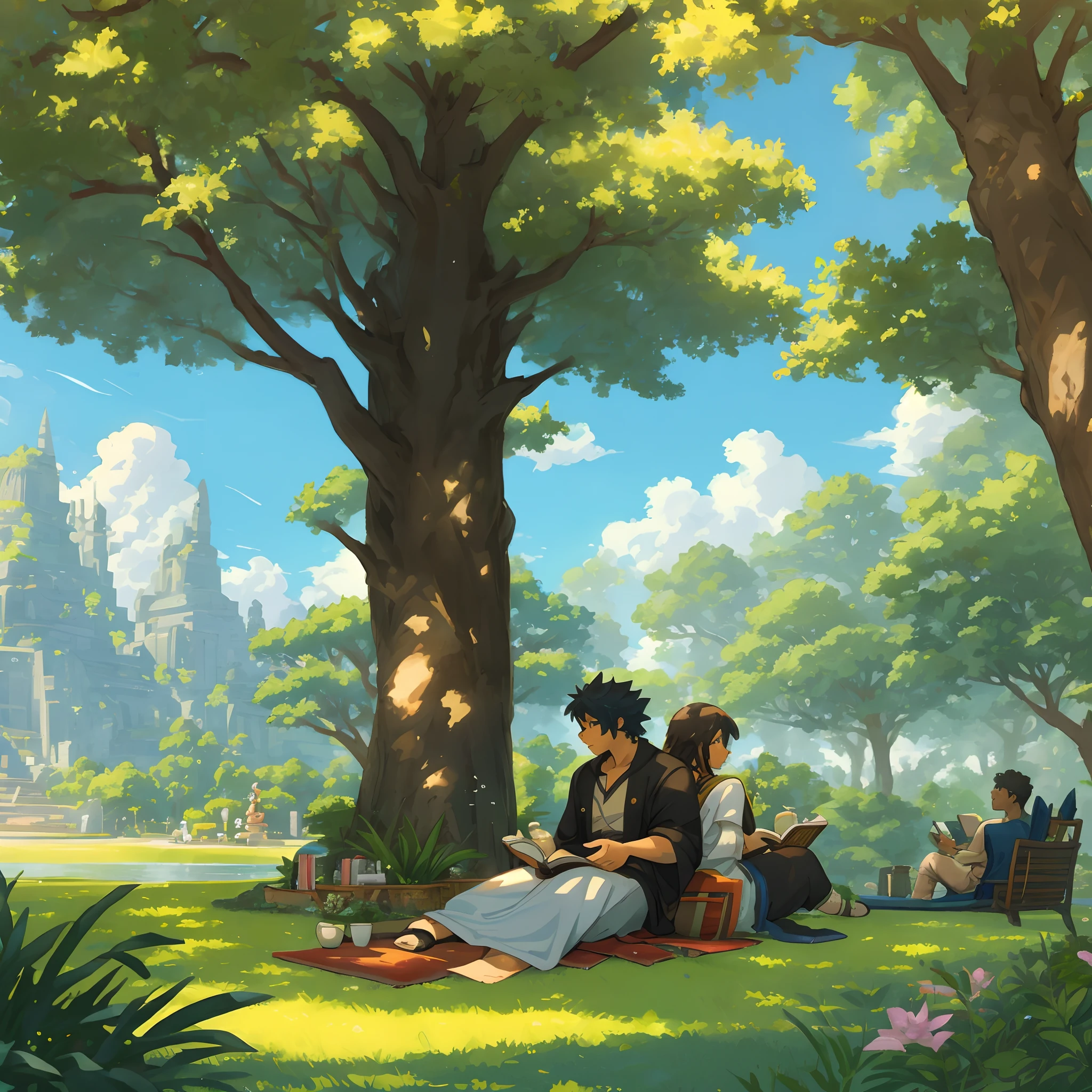 A fan-created illustration capturing a casual day in the life of a Black female protagonist with the power to control plants, and a South Asian male protagonist with the power of flight from a famous fantasy battle manga, They are relaxing in a sunlit park, reading books and enjoying a peaceful afternoon tea, surrounded by lush greenery and floating gently above them are small islands, suitable for a fan-created work that could be shared on platforms like Pixiv or Twitter,