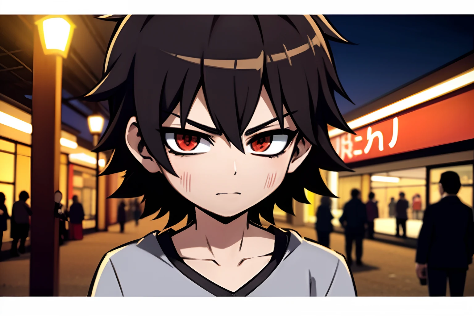 Young man, brown hair, red eyes, bored face, messy hair, wearing a grey and black striped shirt, 4k, in a city at night shopping district, masterpiece