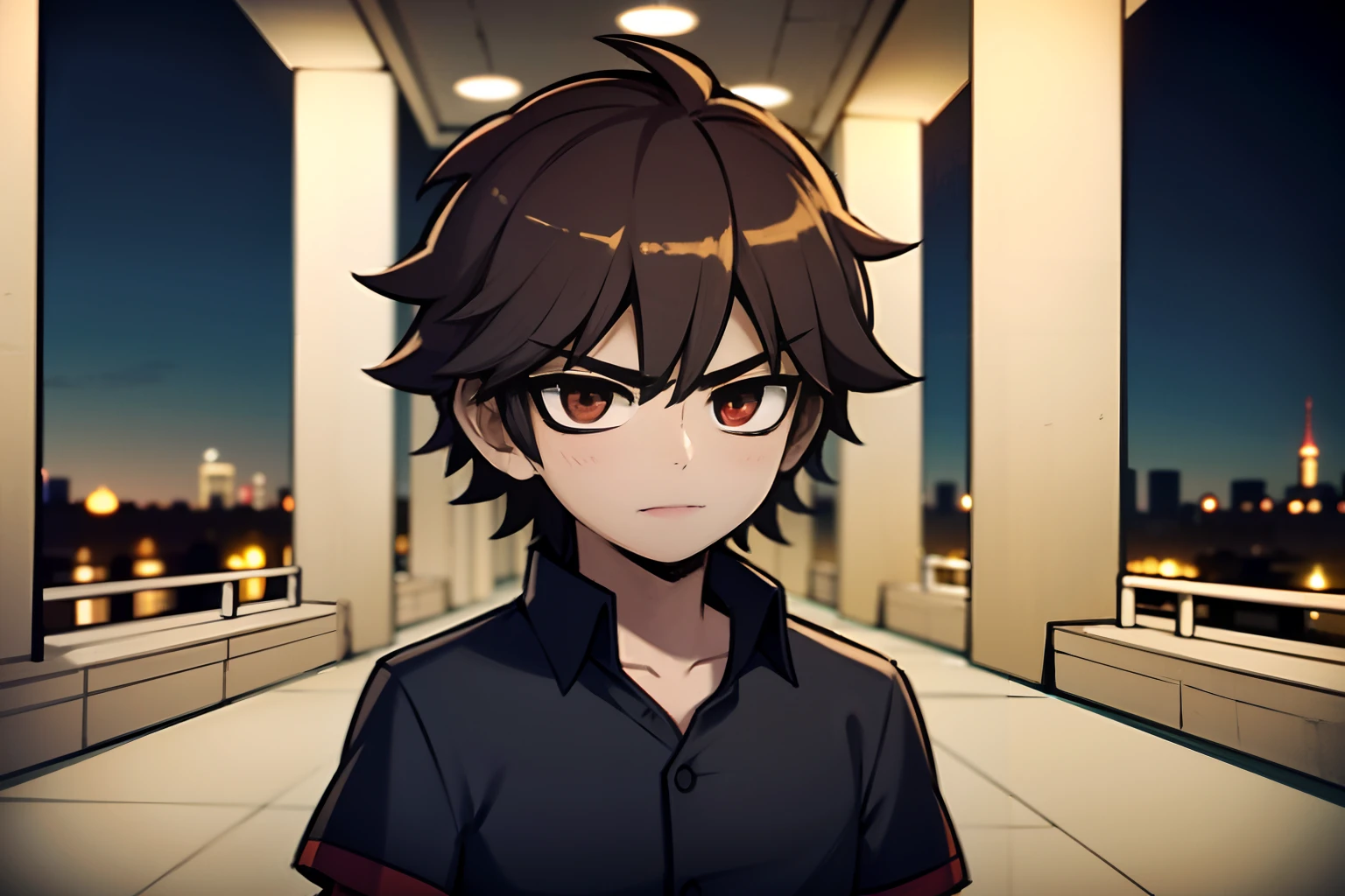 Young man, brown hair, red eyes, bored face, messy hair, wearing a grey and black striped shirt, 4k, in a city at night shopping district, masterpiece