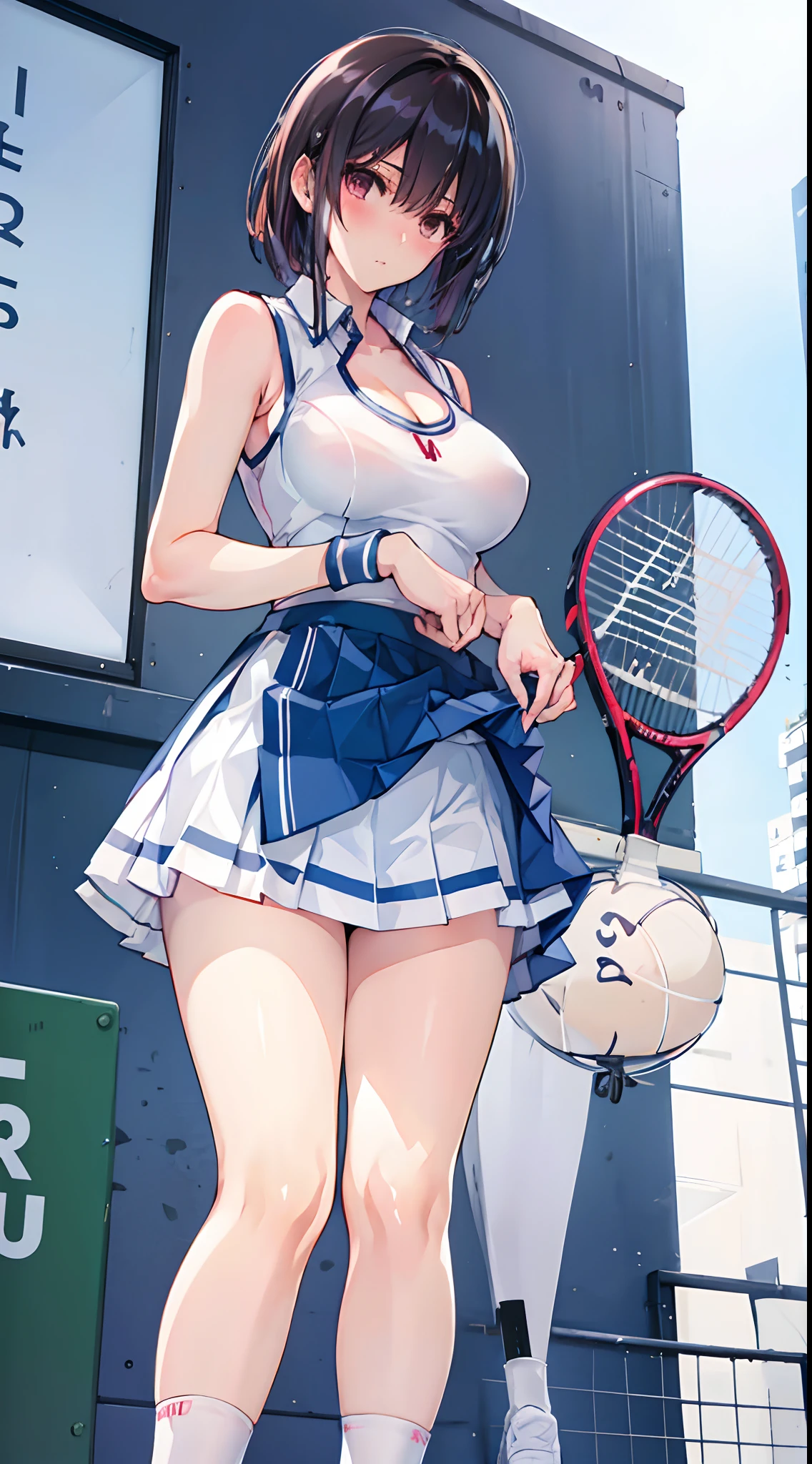 ((Tennis Uniform)),((独奏)),panties in a light color,(A MILF), (((maturefemale))),masuter piece, of the highest quality, ultra-definition, max resolution, A highly detailed, Clean skin,Large bust,blush,thong,(Mini skirt),From below,Short socks,(Sleeveless),Standing,cleavage,White Dress,from behind,pantyshot,plein air,((From below)),Pick up the ball