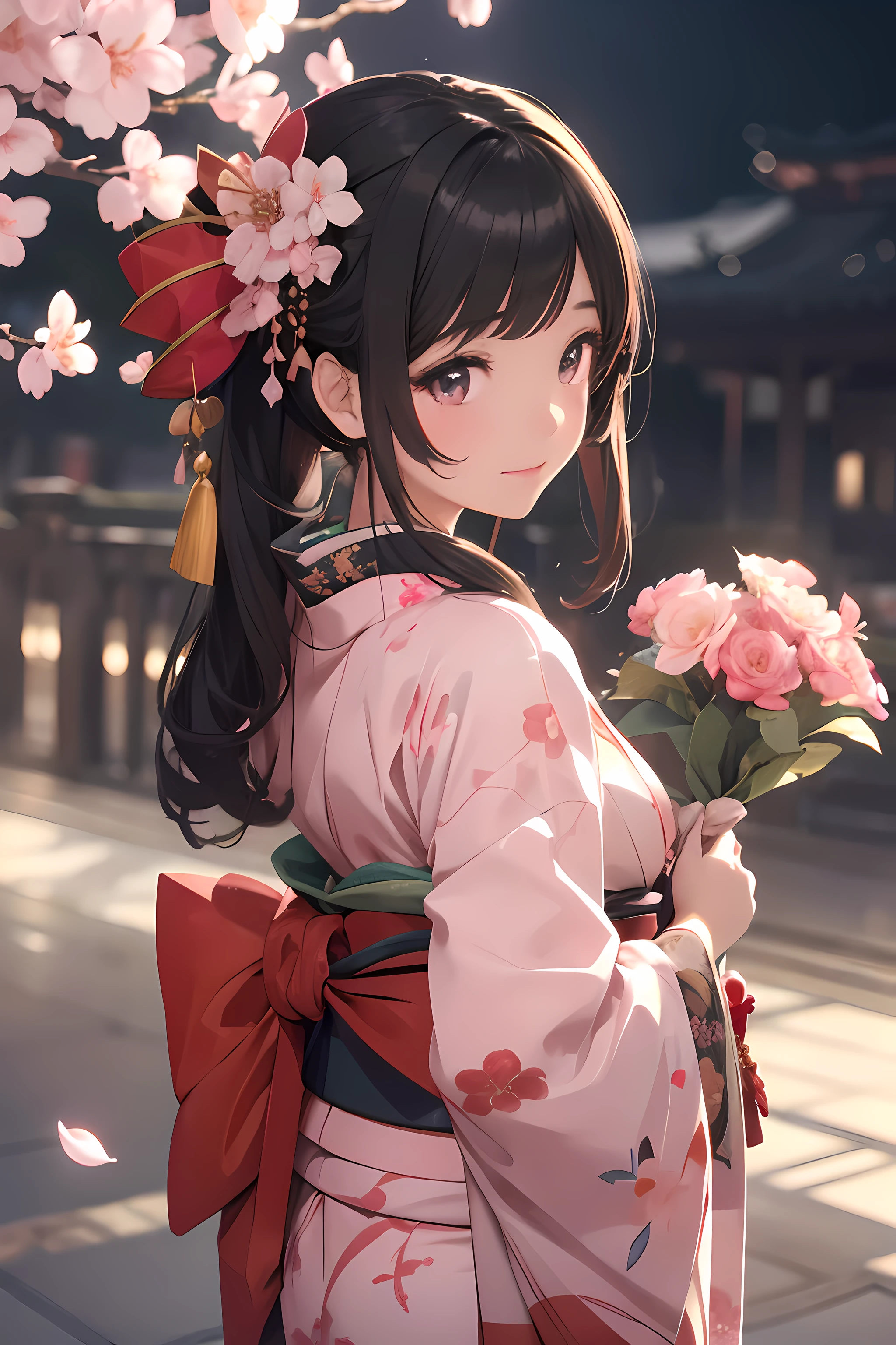 ((masterpiece1.5)),hyper quality, Hyper Detailed,Perfect drawing,1girl in,((Bigger breasts)),kawaii ,With smiling eyes,(((Beautiful kimono))),(((Luxury kimono)))、(Beautiful embroidery),。.3D Photography,16k Illustrations,((clearface)),Hi-Res,nice background、(((beatiful backgrounds)))、(((Detailed drawing)))、Perfect Beautiful Girl、(((Perfect Photo)))、kirakira、shiny、a gorgeous、high-class sense、A dark-haired、(((pink seduction background)))、(thin-waist)、top-quality、Red face、master piece,hyper quality, Hyper Detailed,Perfect drawing,。.。.3D,16K illustrations、Hi-Res、1 persons、japanaese girl、A dark-haired、poneyTail、Red ribbons、Cute even though her eyes are tight、(((luxury
kimono)))、(((With a wrapped bouquet)))、((Plum blossoms))、((peach blossoms))、((cherryblossom))、Back view、Detailed drawing、Best Quality, Capture super cute moments, depth of fields, ultra-detailliert, High resolution, C4D, Octadale, 。.3D Modeling, Delicate and detailed depiction、Shooting from the back diagonally below、((moonlights))、superclear、Full of charm、Master Pi