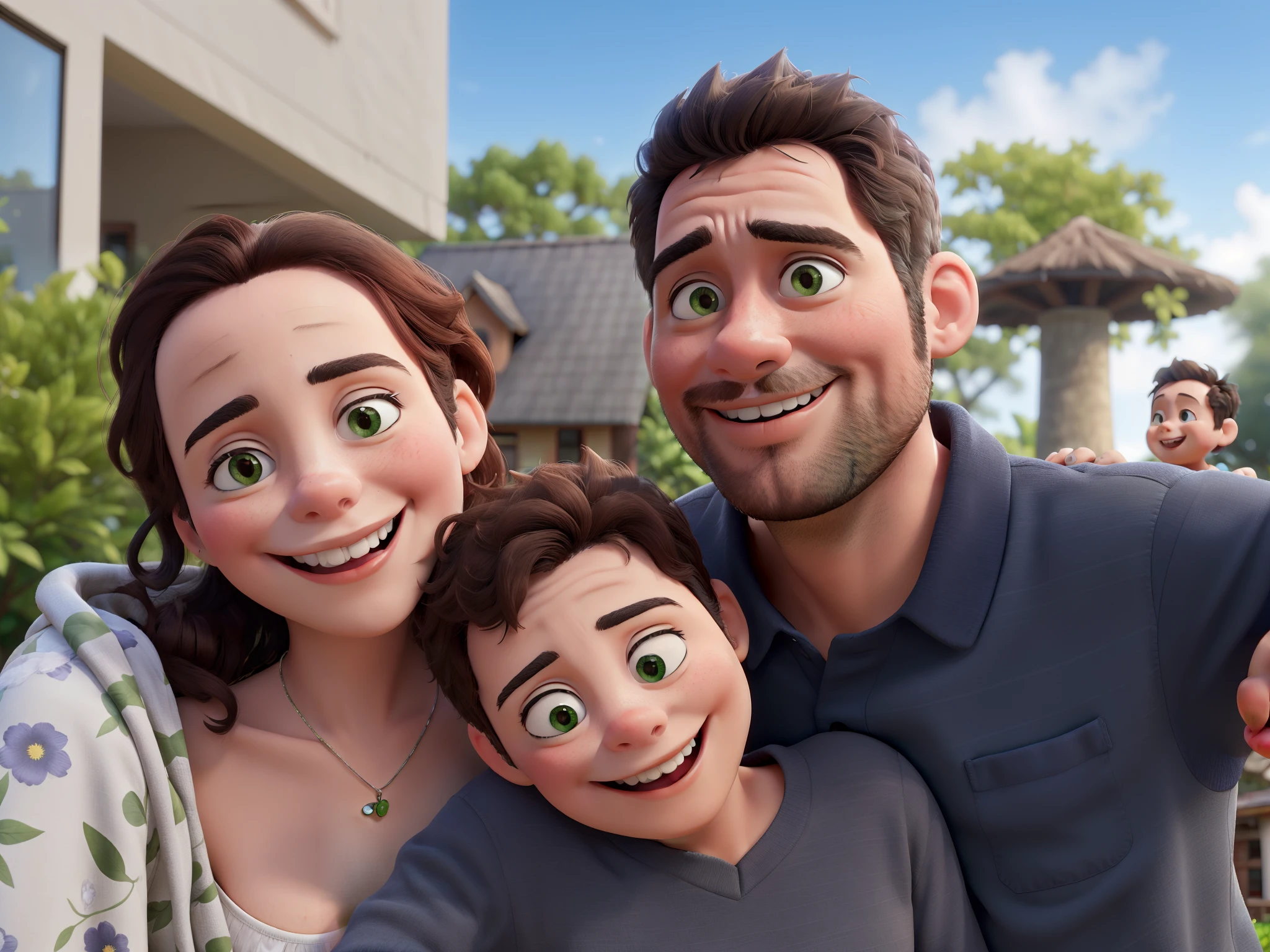 A happy family with greenery in the background