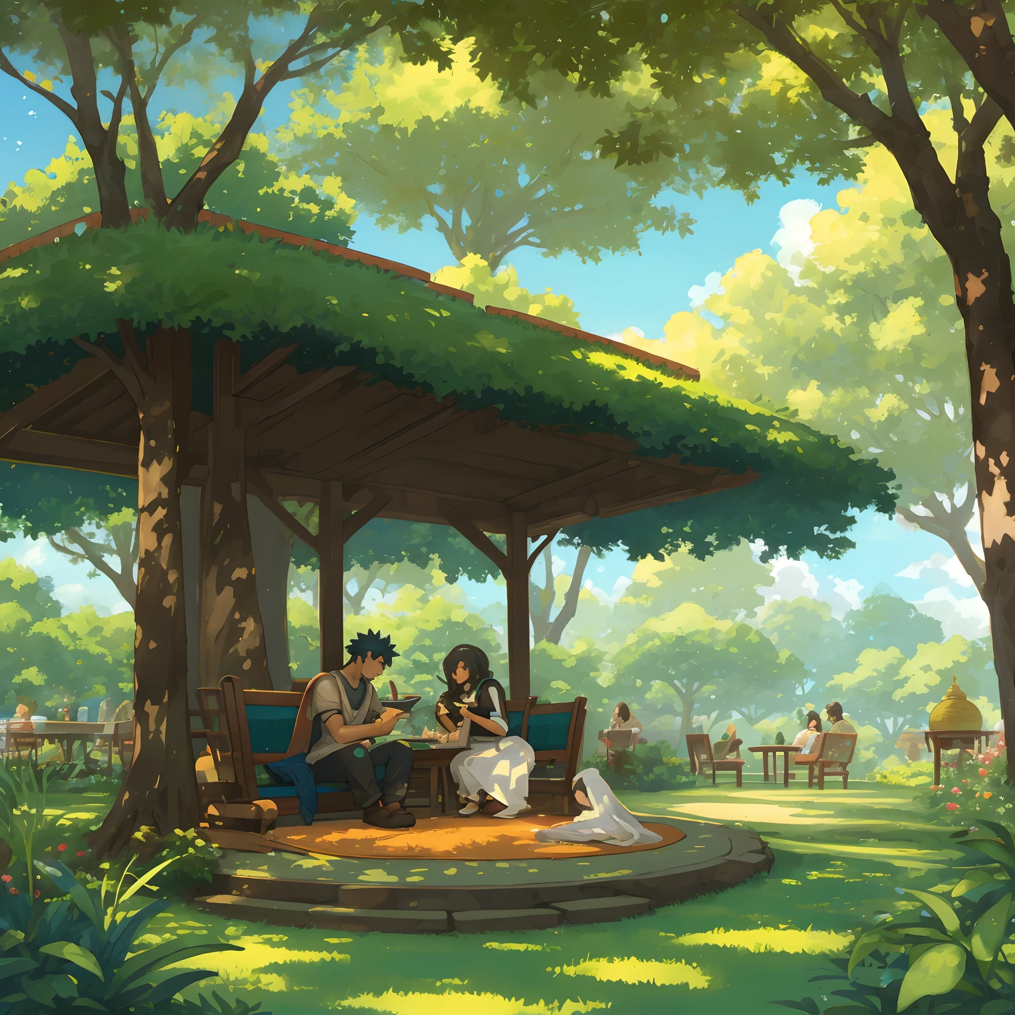 A fan-created illustration capturing a casual day in the life of a Black female protagonist with the power to control plants, and a South Asian male protagonist with the power of flight from a famous fantasy battle manga, They are relaxing in a sunlit park, reading books and enjoying a peaceful afternoon tea, surrounded by lush greenery and floating gently above them are small islands, suitable for a fan-created work that could be shared on platforms like Pixiv or Twitter,