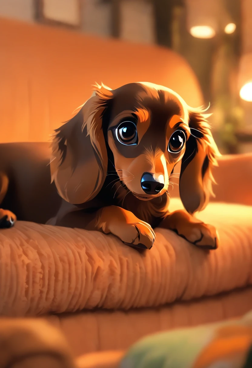 (The whole body is brown:1.8),Brown Miniature Dachshund,on couch,looking at the camera,(Shag your head:1.5),Biologically correct