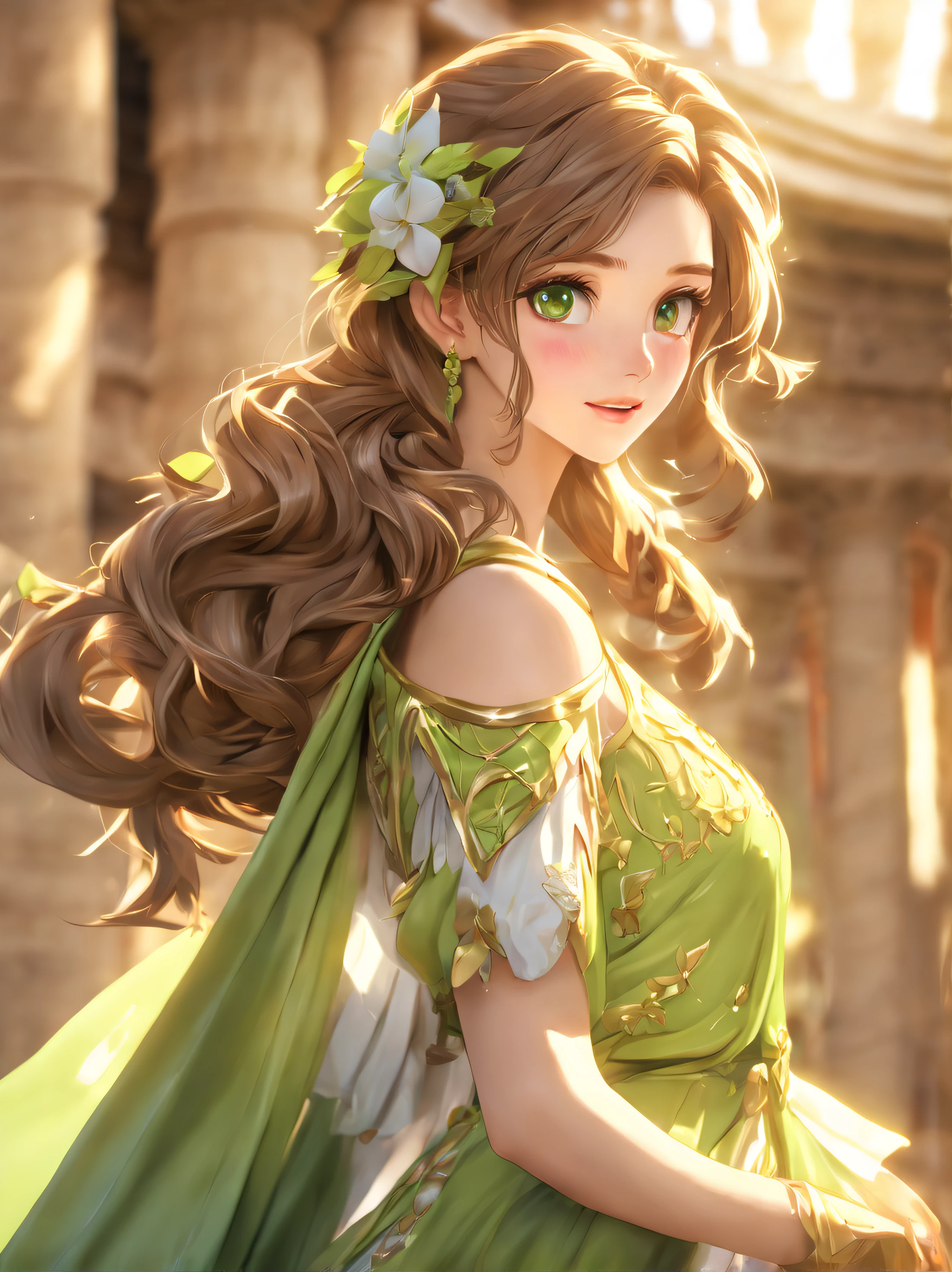 (Best Quality:1.5, Highres, UHD, 8K, Detailed Lighting, Shaders), (Princess Girl), Brown Hair, Layered hairstyle, Flower on-ear, Light Green Chiton Dress(POV), Long Chiton Dress, Ancient Building Background, Colorful Eyeshadow, Dramatic Lighting, Sparkling Eyes, Confident Expression, Layered hairstyle, Delicate Facial Features, Soft Skin, High Cheekbones, Greek Clothing, Ancient Setting, medium body portrait, Looking at viewers, Sharp Focus, Best lighting effects