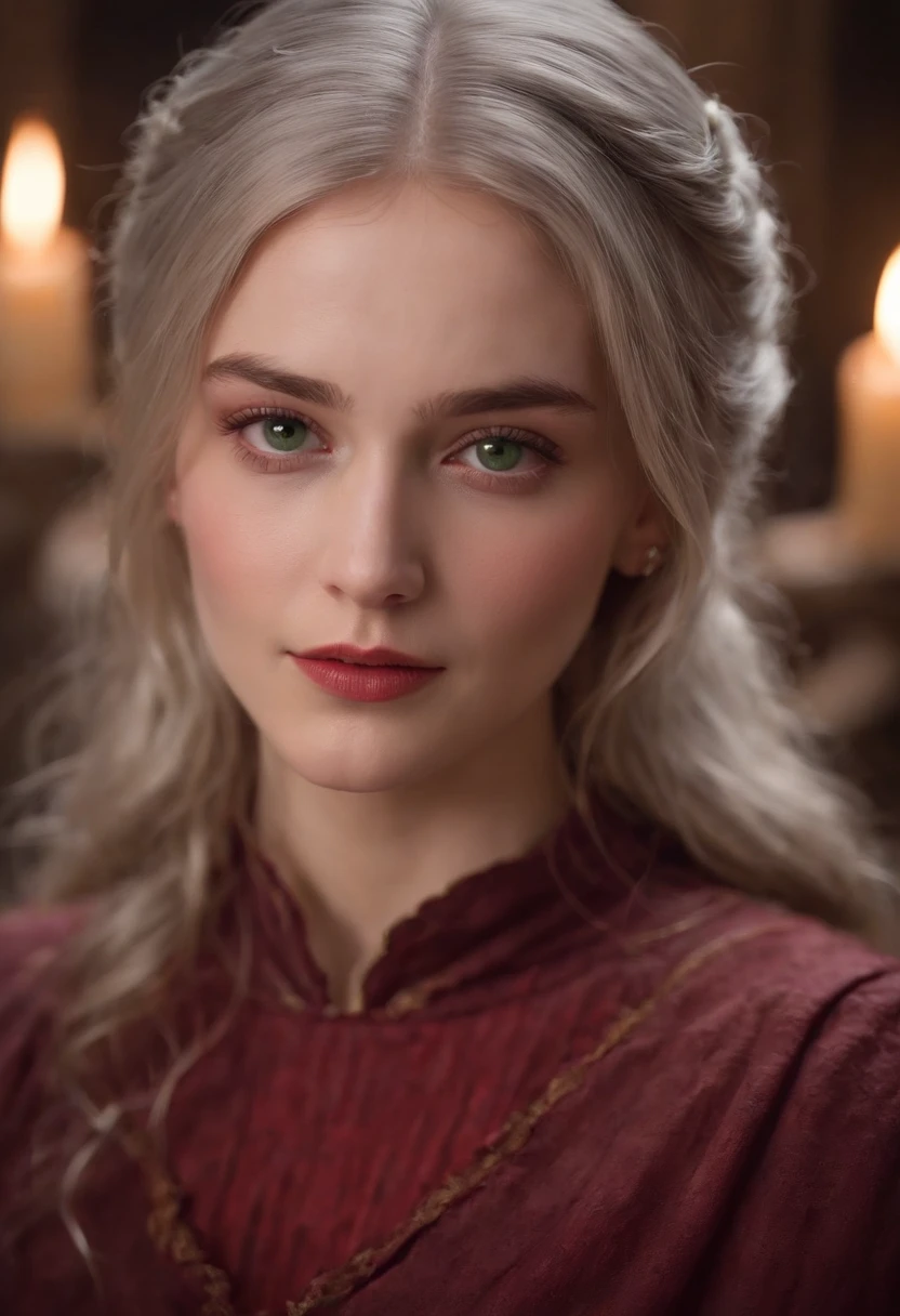 (((A deep red wound streaked across her left cheek))) Fair complexion, A woman around 19 years old, Natural gray hair, Unique green eyes, Wear Cole, Slender and graceful, Beautiful, Candlelight in a medieval setting, super sharp focus, realistic lens, Medieval women's clothing, Four colors (Scar:1.4)