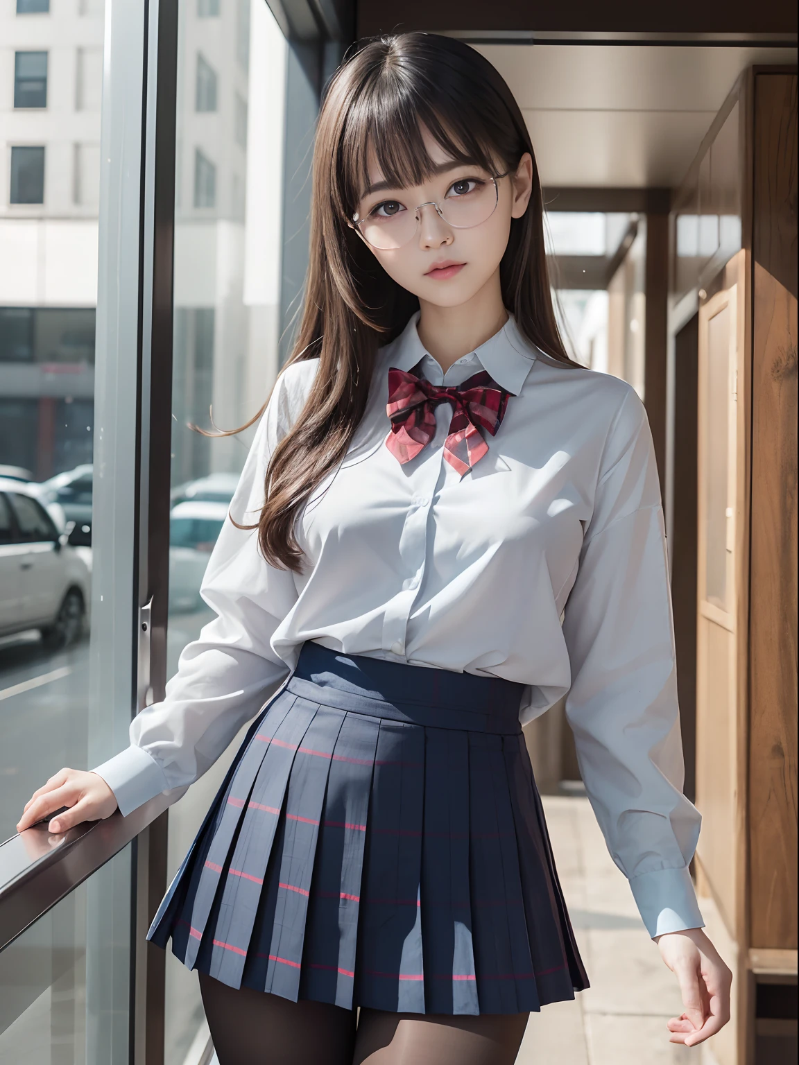 (Underwear is visible)、((Narrow-eyed))、((Narrow-eyed))、((Narrow-eyed))、(8K、Raw photography、top-quality、masterpiece:1.2),、Has a small、(flat breast)、(flat breast)、(flat breast)、(flat breast)、(flat breast)、(being thin)、light skinned、skin whitening、Dark look、Rasping,glamor,Chromo-white skin,cocky,School,watching at viewers,Looking at the front,Muchimuchi,High-pitched clothing,Erotic,Pupils,de pele branca,kne,((Black pantyhose)),absurderes,a small face,,Forehead visible,Bangs hanging from the left and right sides of the forehead,(a cold expression,Tight eyes,glares,Bullish,irate)、masterpiece,top-quality、超A high resolution,Raw photo,ren,Beautiful fece,One Person, 独奏,eye glass,,Dark look,Small breasts,fullllbody,Round glasses,JK school uniform,hi-school girl,A Japanese Lady,is standing,(Photorealsitic:1.37)、Photon mapping,Realistic、Beautie,Cute little face,Brown-eyed、Black socks、(Red bow tie)、Radio City、Physically Based Rendering、depth of fields、Blurry background、a picture,Body,beauty legs, Long legs, Thin leg,(Bangs are visible), hair, s lips, Blue_The eye, nosesoft,(Light blue shirt), (Navy and blue and white plaid pleated skirt), Knees are visible,Sheer clothing,, Thigh, Black cotton socks,Nogizaka Idol, 女優, Japanese ido