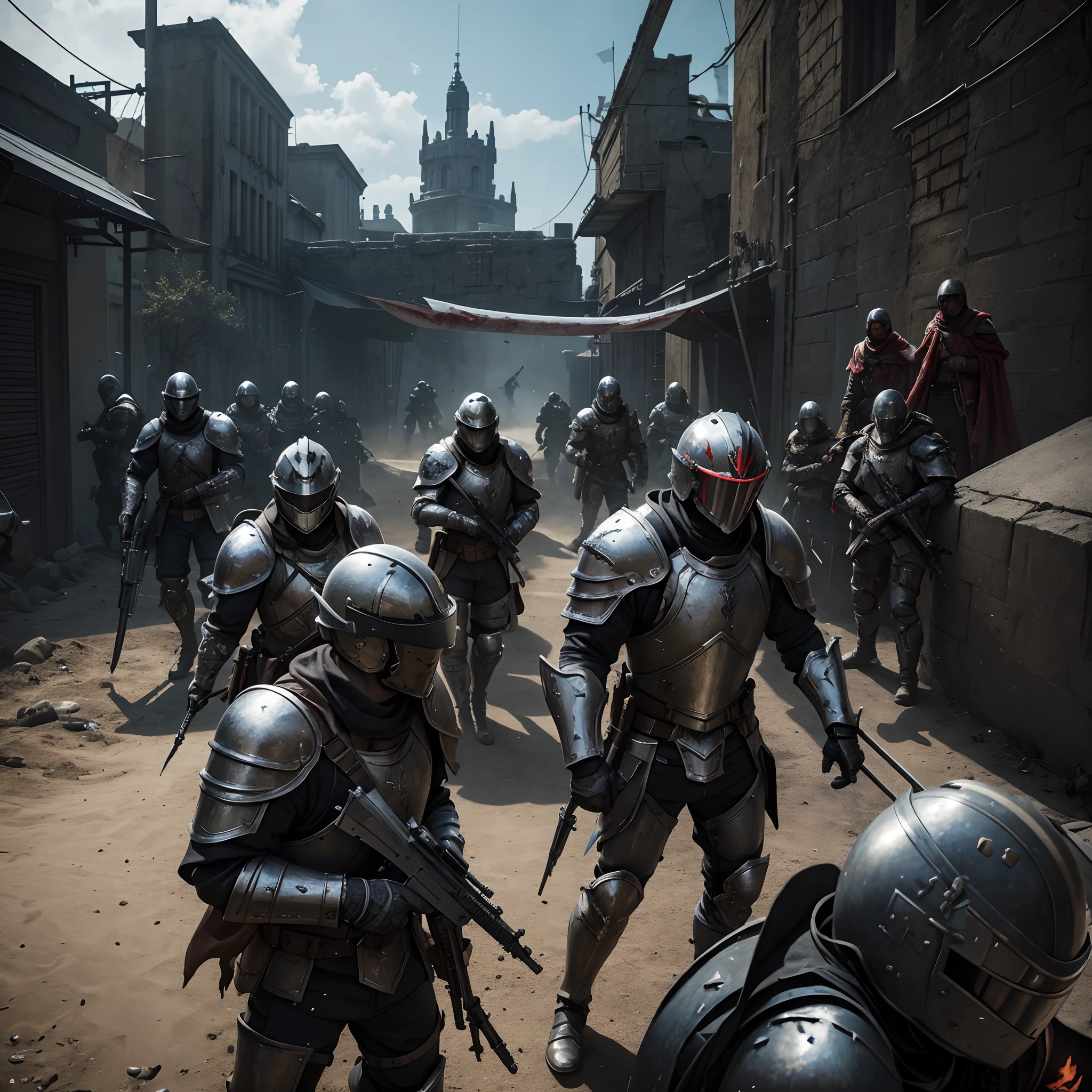 a group of people in armor with weapons and helmets, fps game, fps shooter game, fps game concept art, fps game concept, valorant game style, bloody + concept art, ps5 game, front cover of a new video game, valorant style, valorant character, vr game, bleed, ready to strike, action rpg video game