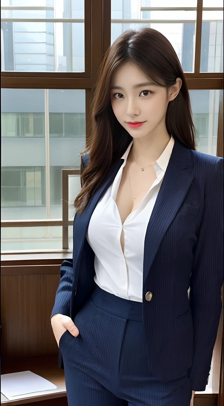 night、window、Reception room、Woman crossing legs、Hair tied up、business suit、Navy blue jacket、Short skirt、Cleavage（Very large breasts、Very thin and long legs、Perfect figure、High heels、whole body、smile）、1 female、No makeup、26 years old、（masterpiece、8K,RAW Photos、High resolution:1.4）
