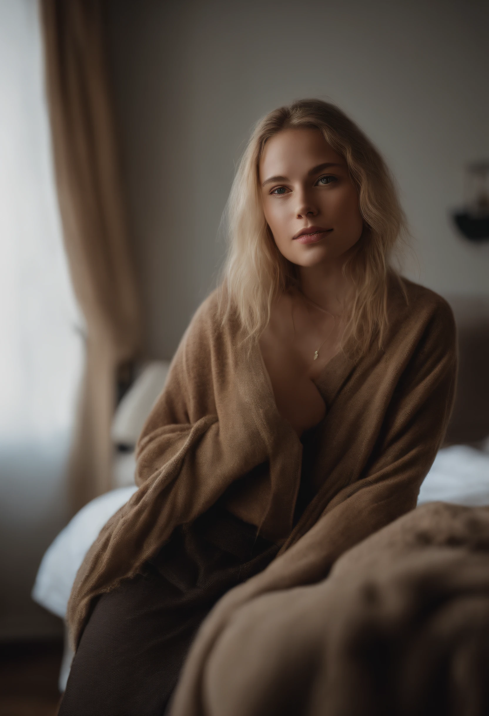 professional, Photograph of a 20-year-old Scandinavian woman, Posing in her bed, , Shaved , Natural light, 4K, Highly detailed, Photorealistic, Ultra photo realsisim