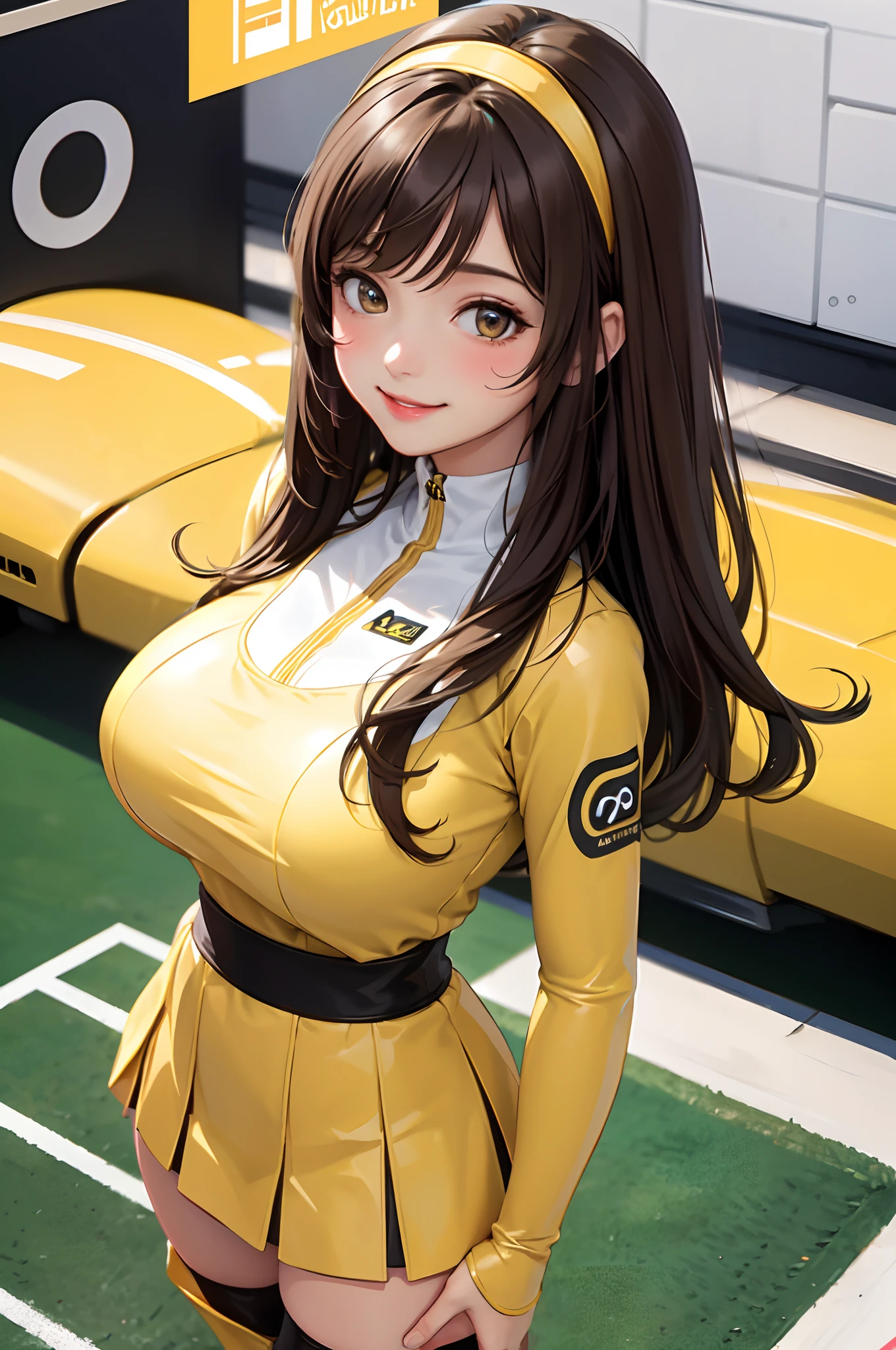 1lady solo standing, /(grid girl/) /(yellow costume with logo/) mini skirt, mature female, /(brown hair/) bangs, blush kind smile, (masterpiece best quality:1.2) delicate illustration ultra-detailed, large breasts, thigh boots BREAK /(motor show indoors/), audience, detailed background